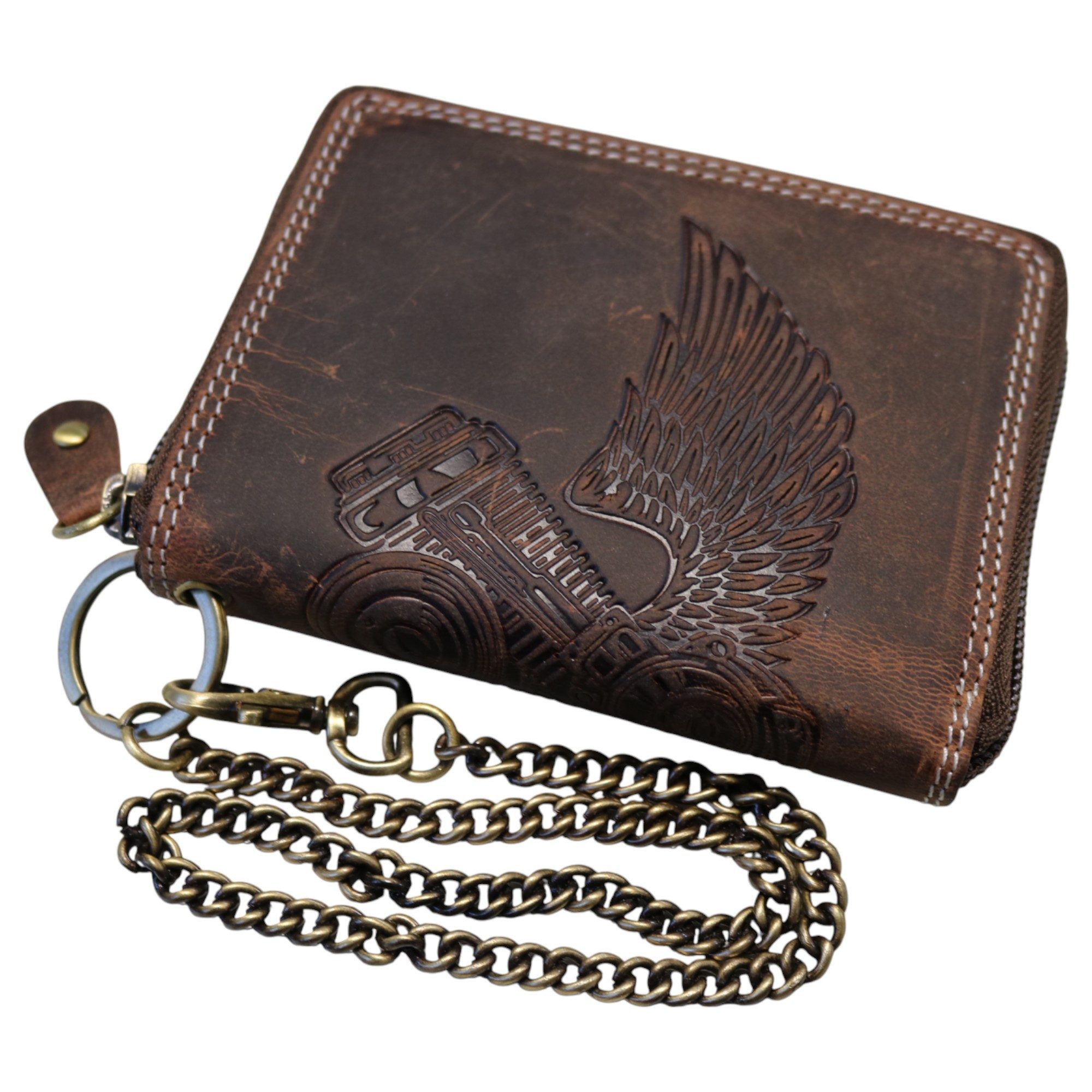 MDM Brieftasche Biker Leder Karten Portemonnaie mit Kette, Reißverschluss, RFID