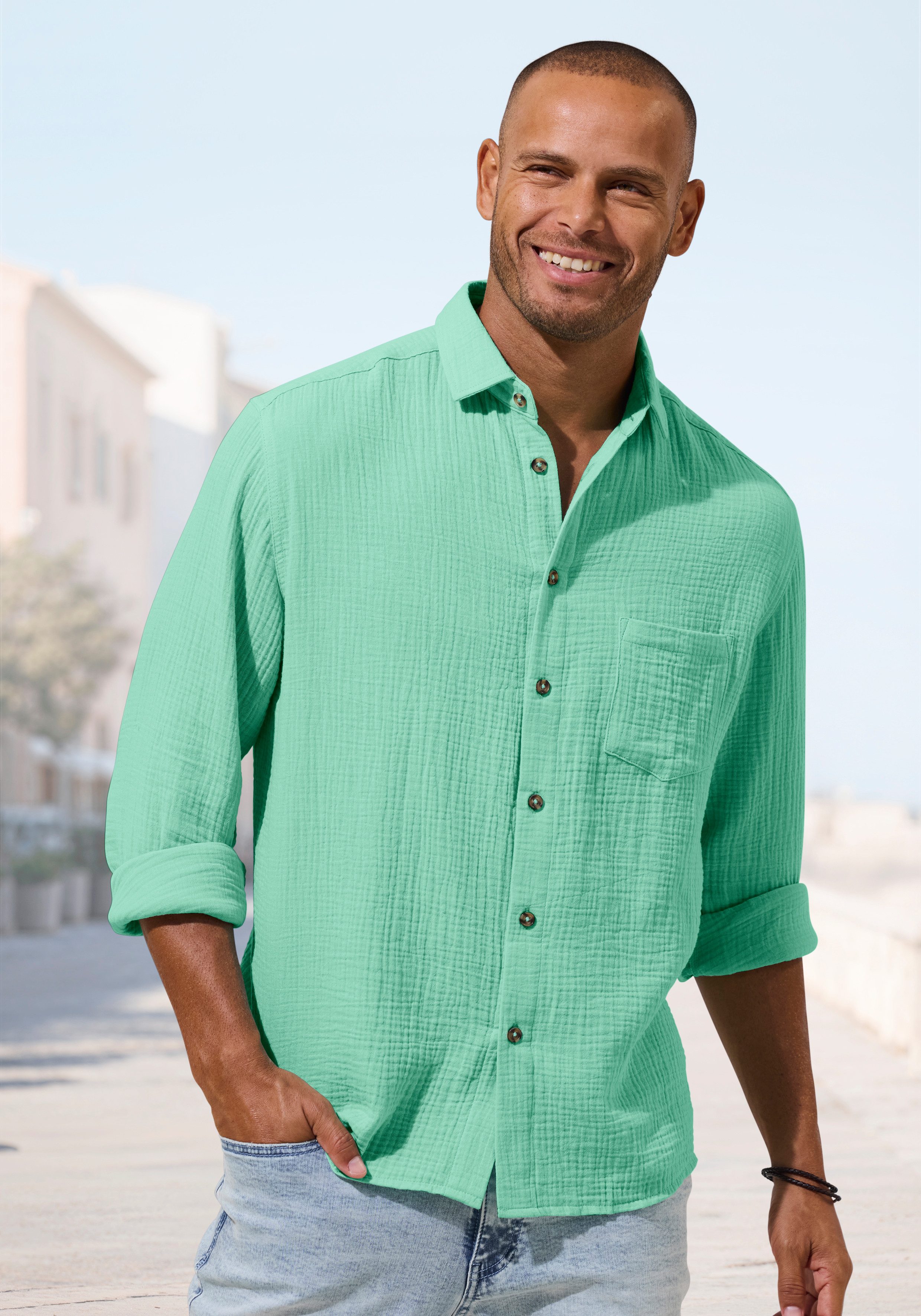Beachtime Langarmhemd Regular fit Langarm, Freizeithemd aus Musselin-Ware