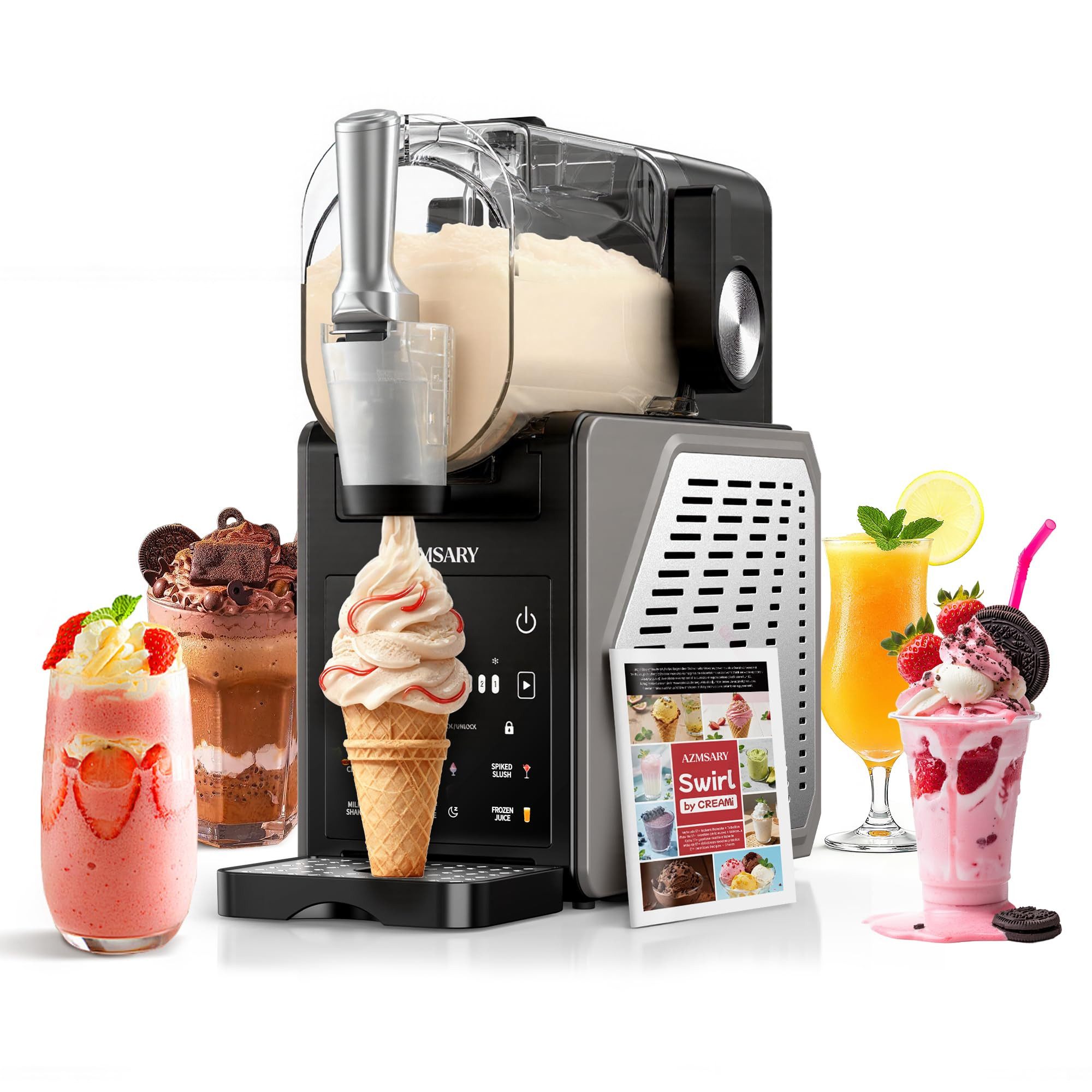 Azmsary Slush Maker Slush & Eismaschine 6-in-1, LED, Selbstreinigung, Edelstahl, (Preiswertes Paket, 3-tlg., Inklusive: 1 × Slushie-Maschine, 1 × Anleitung, 1 × Rezeptbuch), 2.5L