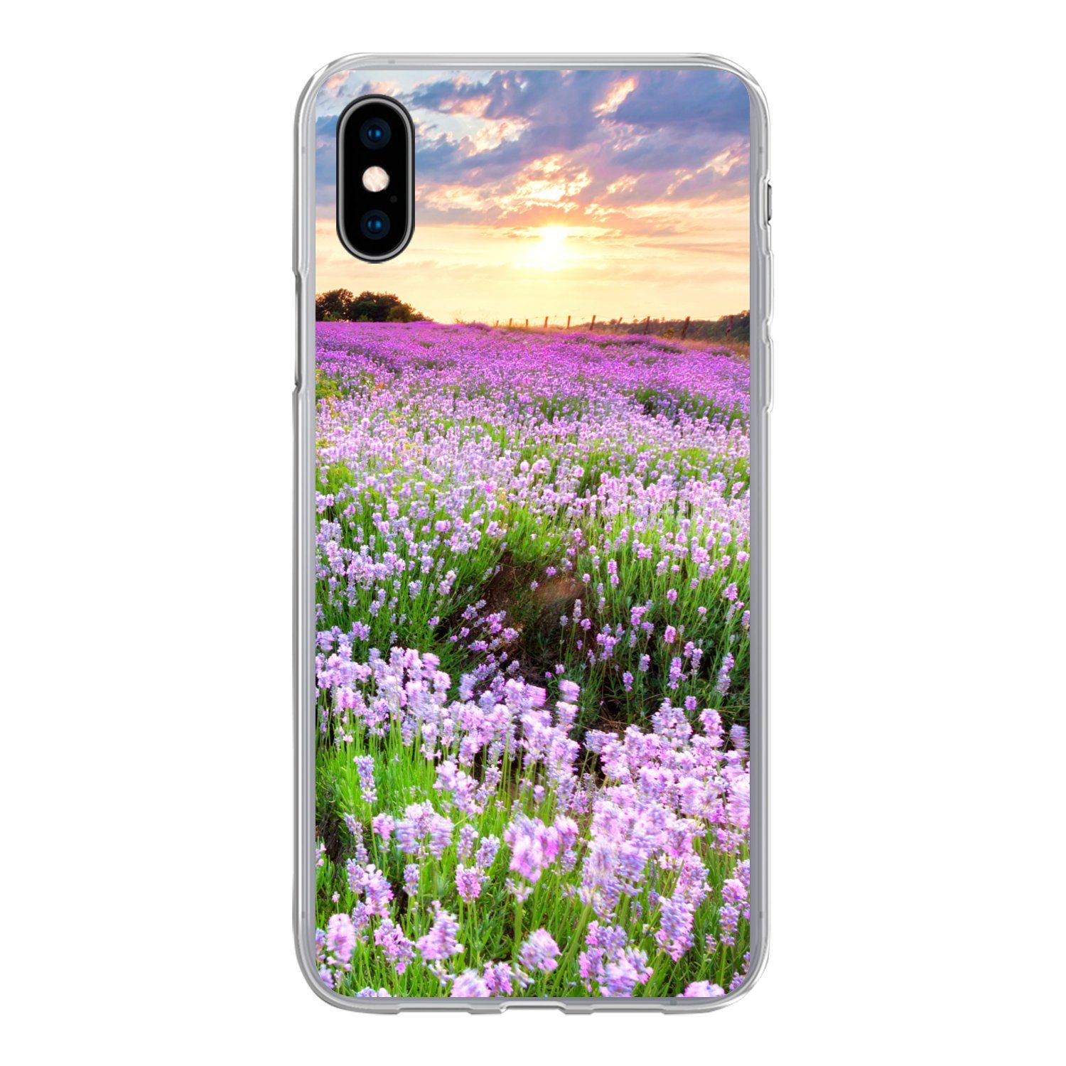 MuchoWow Handyhülle für Apple iPhone XS Blumen - Lavendel - Lila - Himmel - Sonnenuntergan, Smartphone-Bumper, Print, Handy Schutzhülle Dünn