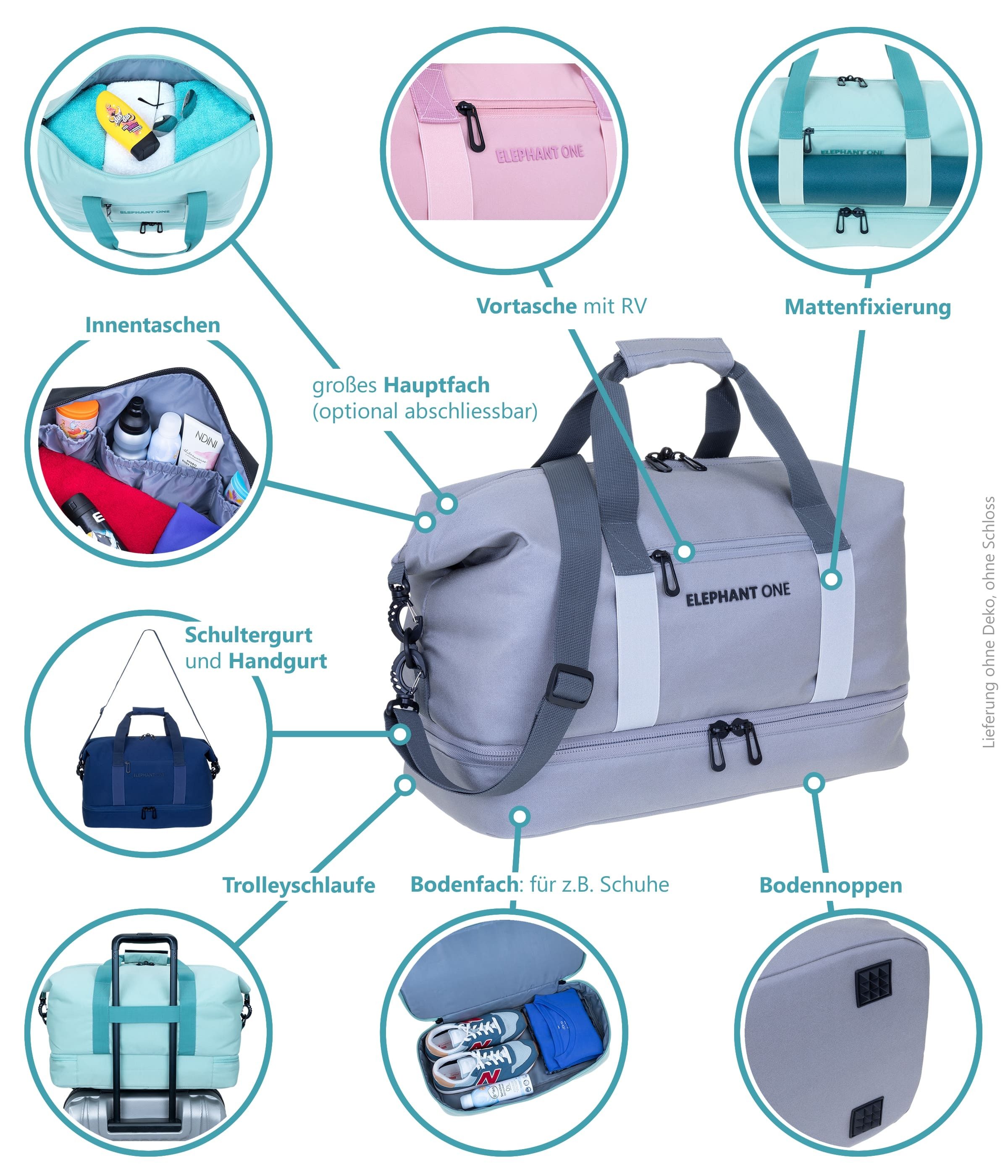 ELEPHANT Sporttasche Damen Herren Reisetasche Gym Schuhfach Innentaschen, Reisetasche Sport Tasche Schuhfach Vortasche 47 cm 30 L + Flasche