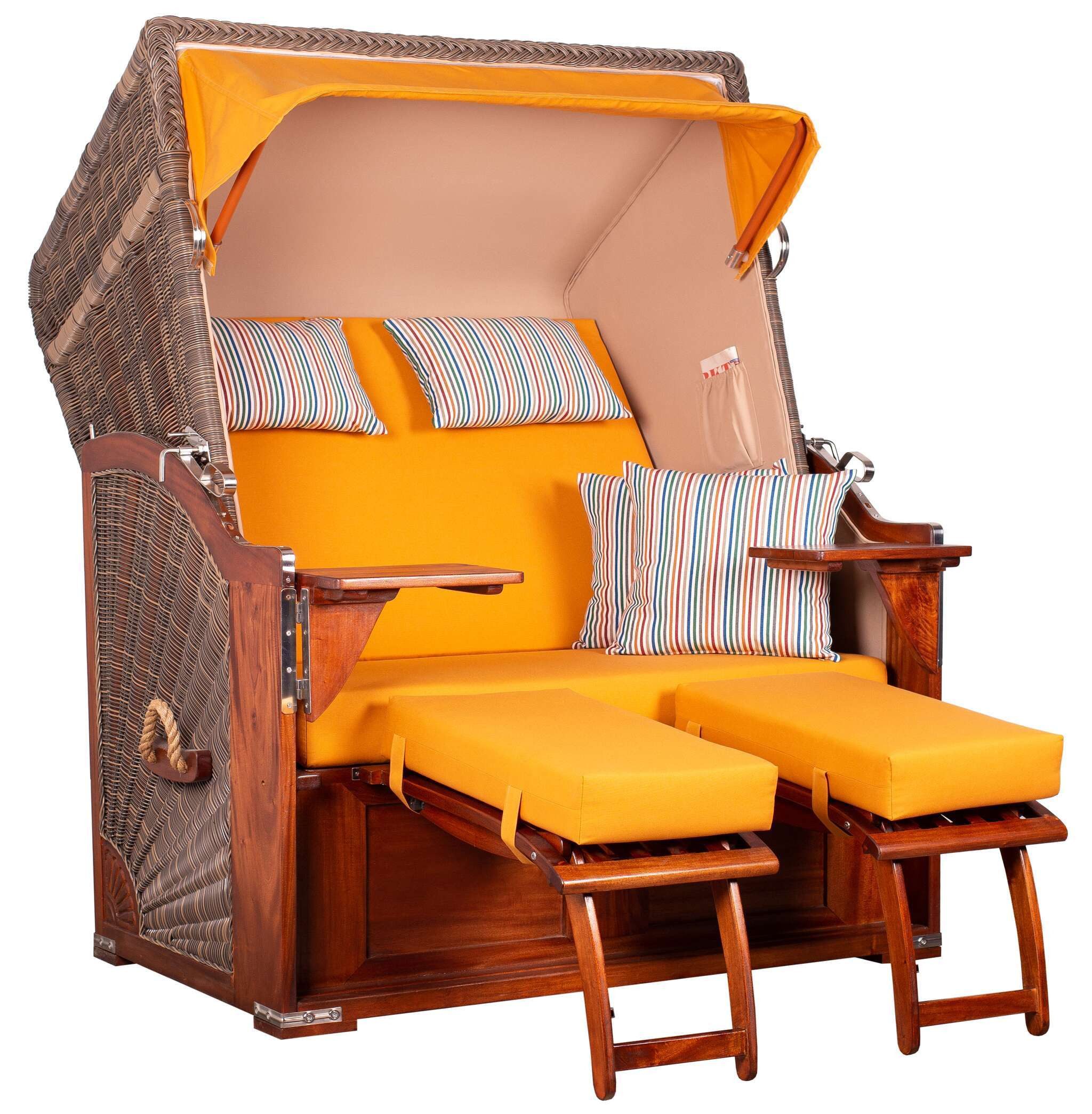 MR.DEKO Strandkorb 2-Sitzer Seeblick Vollholz PE Grey Volllieger, BxTxH: 125x80x170 cm, Volllieger, Seeblick, (Zweisitzer als Volllieger für Balkon und Garten), der Strandkorb mit einhängbaren Fußablagen, wetterfest