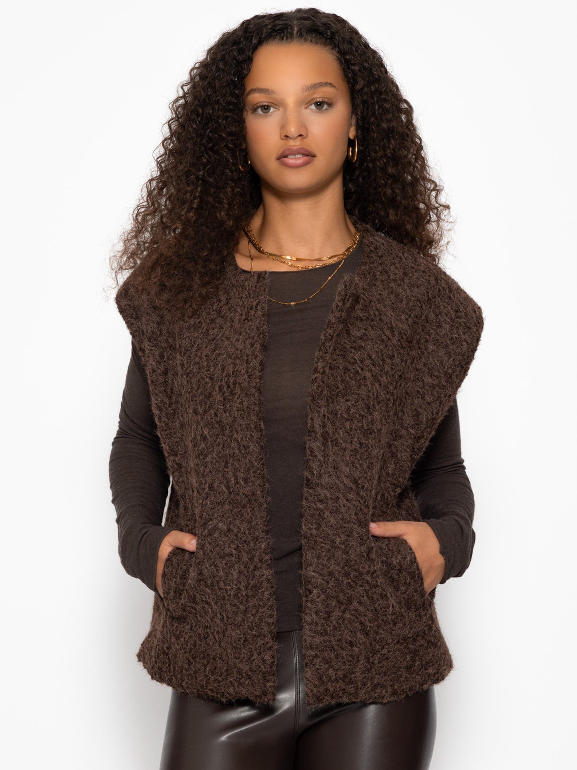 SASSYCLASSY Kurzweste Ärmellose Weste mit Wollstruktur für Damen Cozy Weste im offenem kastigen Schnitt mit Wollstruktur