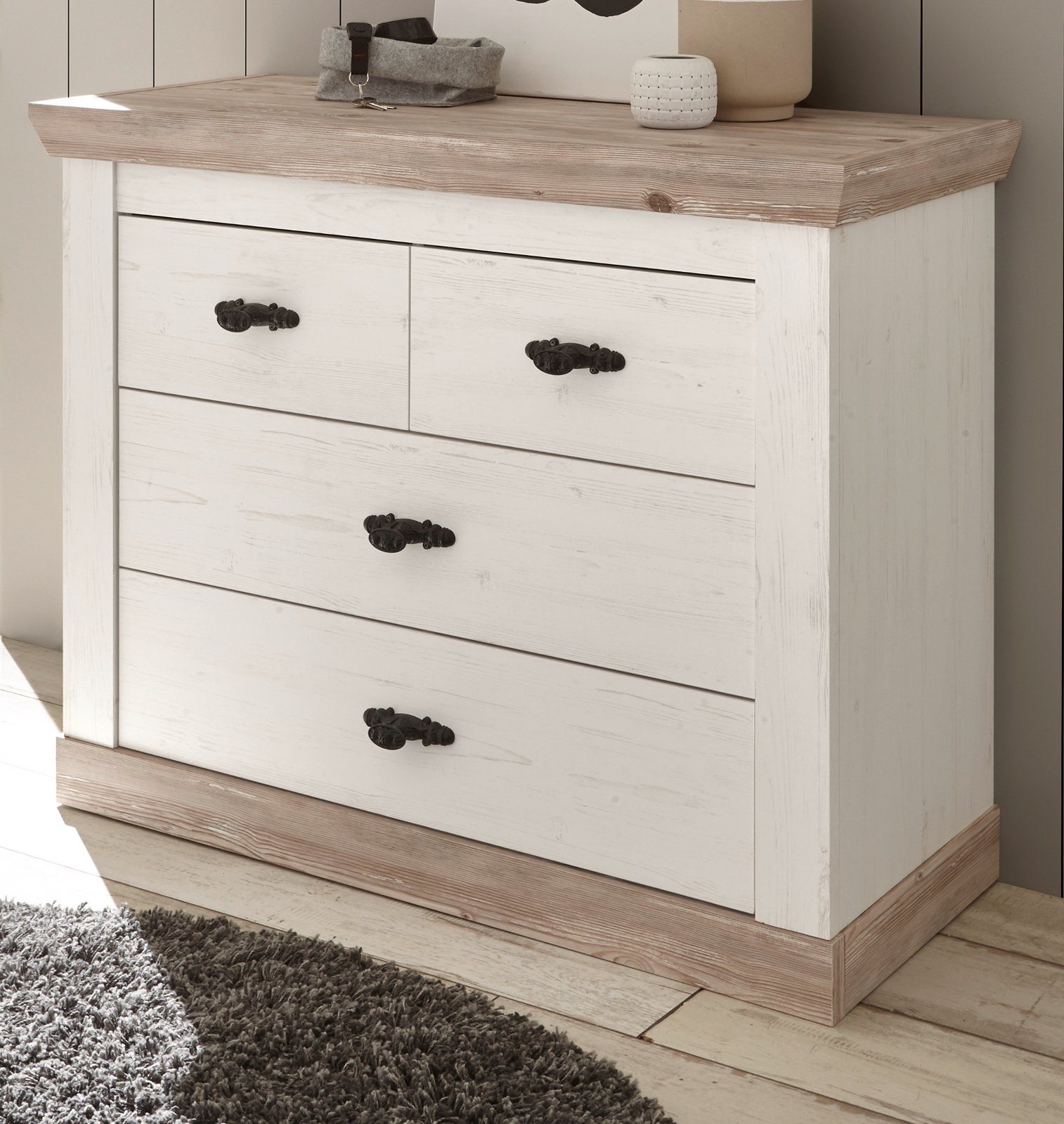 Furn.Design Kommode Rovola (Schubladenkommode in Pinie weiß mit Oslo Pinie, 107 x 84 cm), mit 4 Schubladen