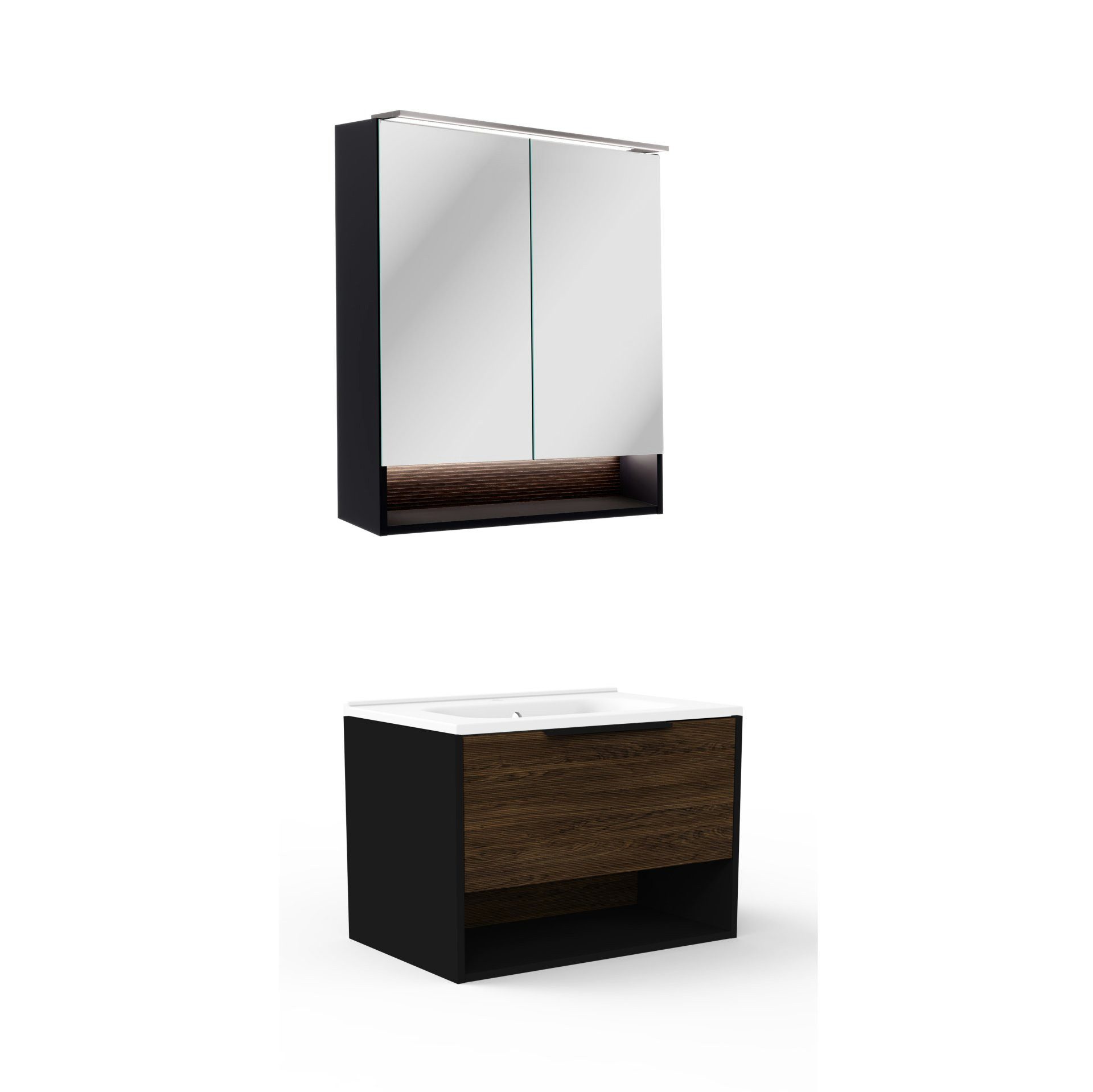 FACKELMANN Badmöbel-Set B.PARIS Waschtisch Set mit Spiegelschrank, 70 cm breit, Braun /Schwarz