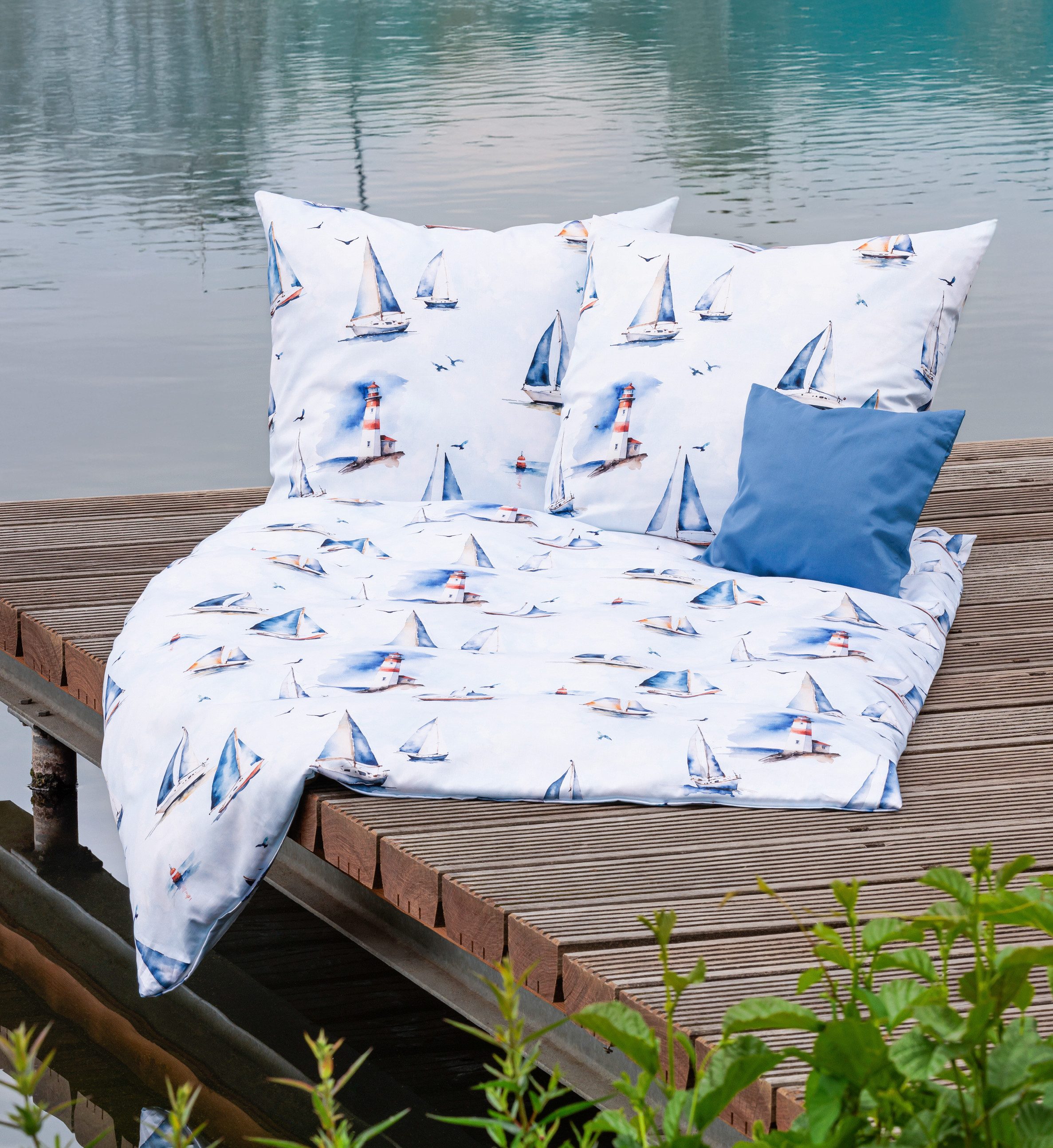 Janine Bettwäsche Mako-Baumwolle, Mako-Satin, 2 teilig, Segelboote, maritim, blau