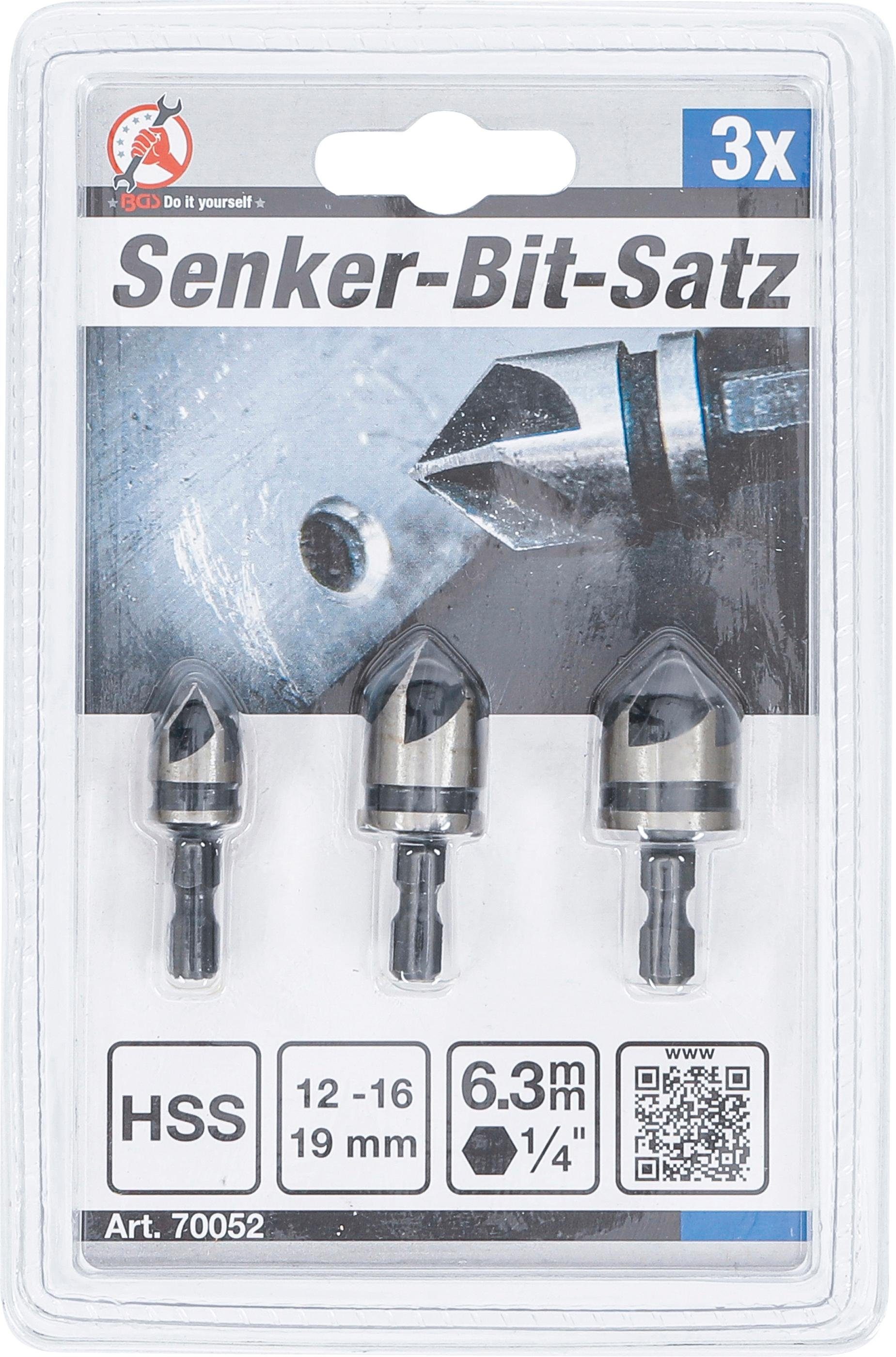 BGS technic Spiralbohrer Senker-Bit-Satz, HSS, 19 (1/4), 12 mm, 3-tlg. Antrieb - - 6,3 mm 16