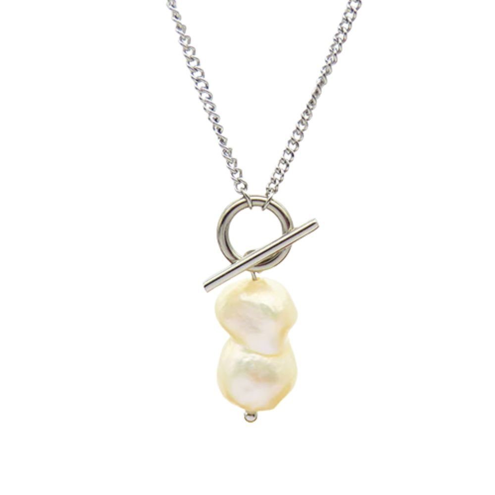 Ketten-Set Halskette mit Doppelperlen-Anhänger aus Edelstahl Damen - Silber