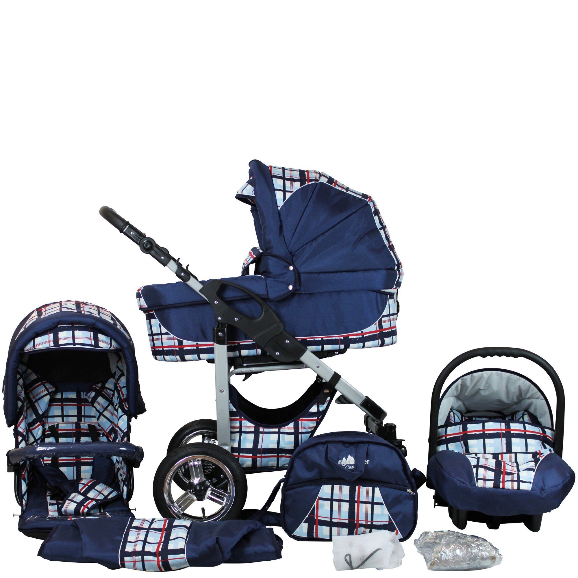 Buggy-Aufsatz, Kombikinderwagen bergsteiger silber Komplettset & Babyschale, - Kombi-Kinderwagen Gestell: (10-tlg) 3in1, Capri inkl. blue Zubehör Sonnenschutz - stripes Federleichtes Gewicht, Wetterfußsack, Babywagen