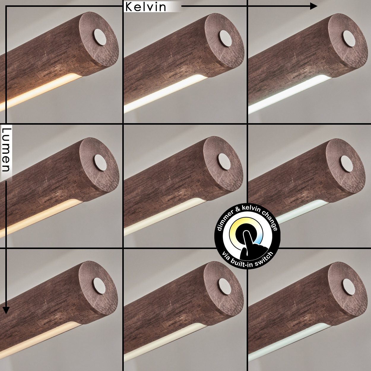 hofstein Pendelleuchte dimmbare Hängelampe aus Metall/Holz/Kunststoff in Schwarz/Dunkelbraun, LED wechselbar, 3000-6000 Kelvin, skandinavisches Design, Touchdimmer, LED 24 Watt, 2550 Lumen