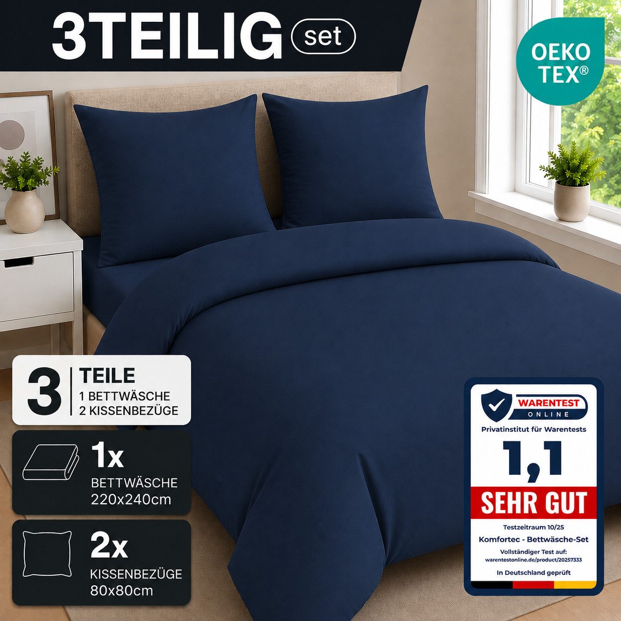 Komfortec Bettwäsche Premium, 135 x 200 bis 220 x 240 cm, 6 verschiedene Größen zur Auswahl, gebürstet 100% Mikrofaser, 3 teilig, Superweiches Bettwäsche-Set, Knitterfrei, Atmungsaktiv