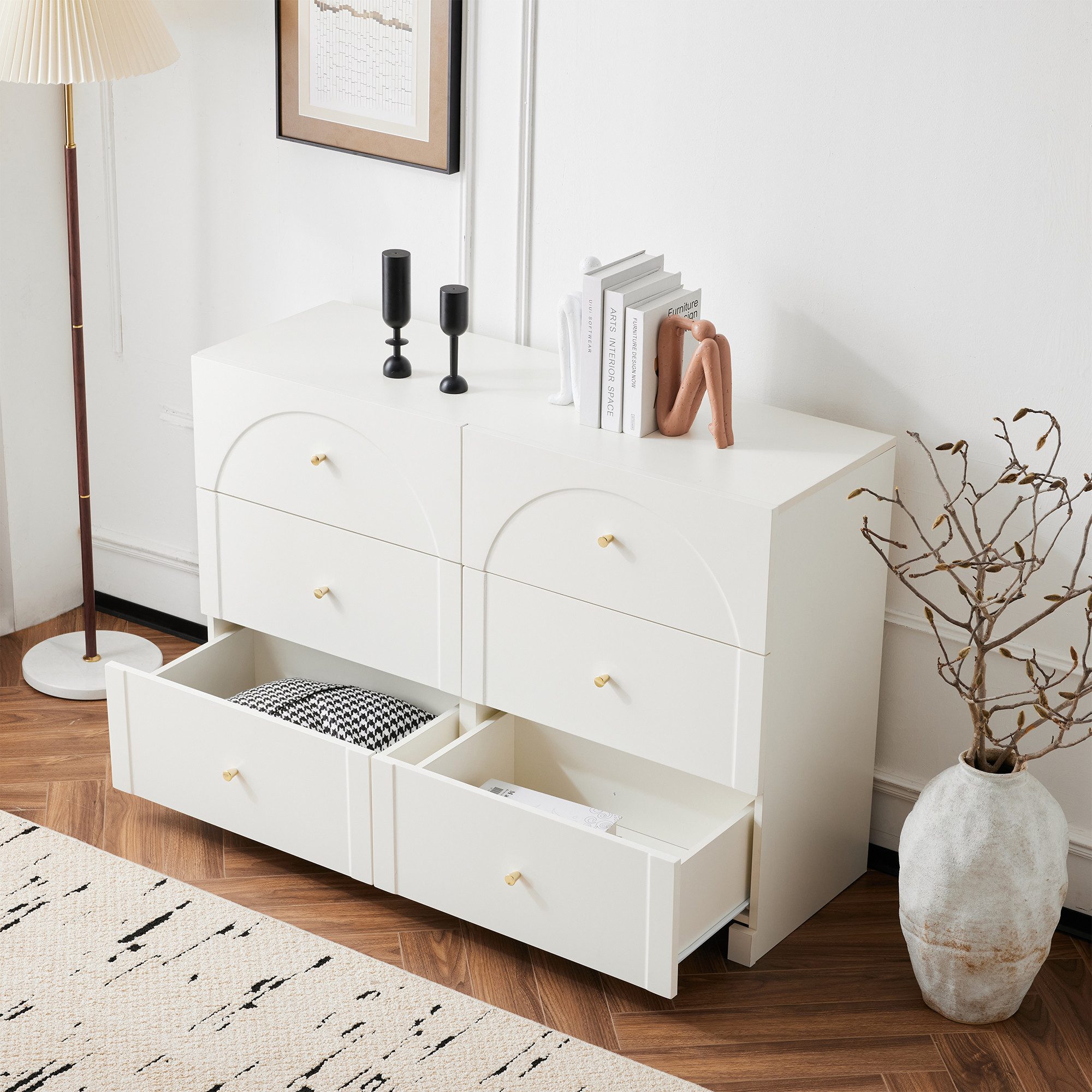STILVORA Sideboard Kommode mit 6 Schubladen für Wohnzimmer und Schlafzimmer (Weiße Türkommode, 1 St., 6 Schubladen), mit geschwungenen Bögen