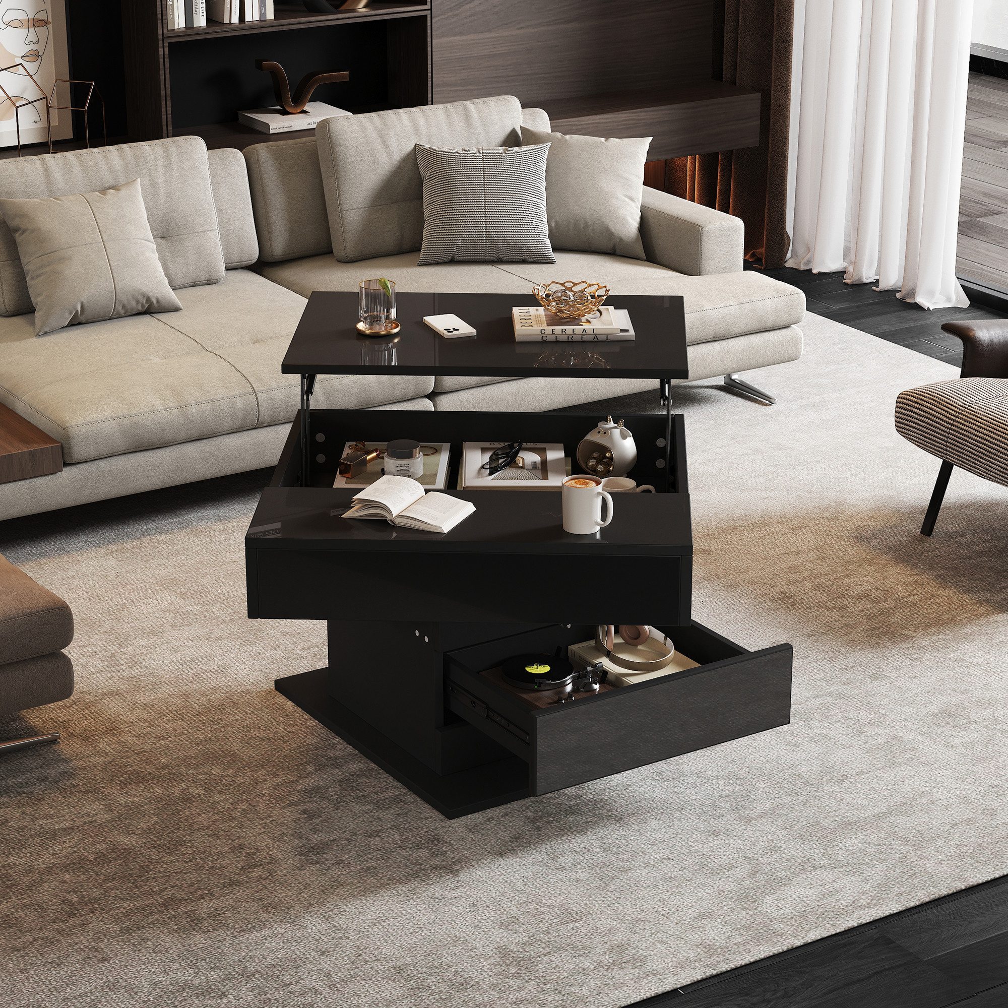 OKWISH Couchtisch Obere Tischplatte 360° frei drehbar (Kaffeetish, 1-St., 1 Schublade), hochglänzende Wohnzimmertisch mit verstecktem Stauraum
