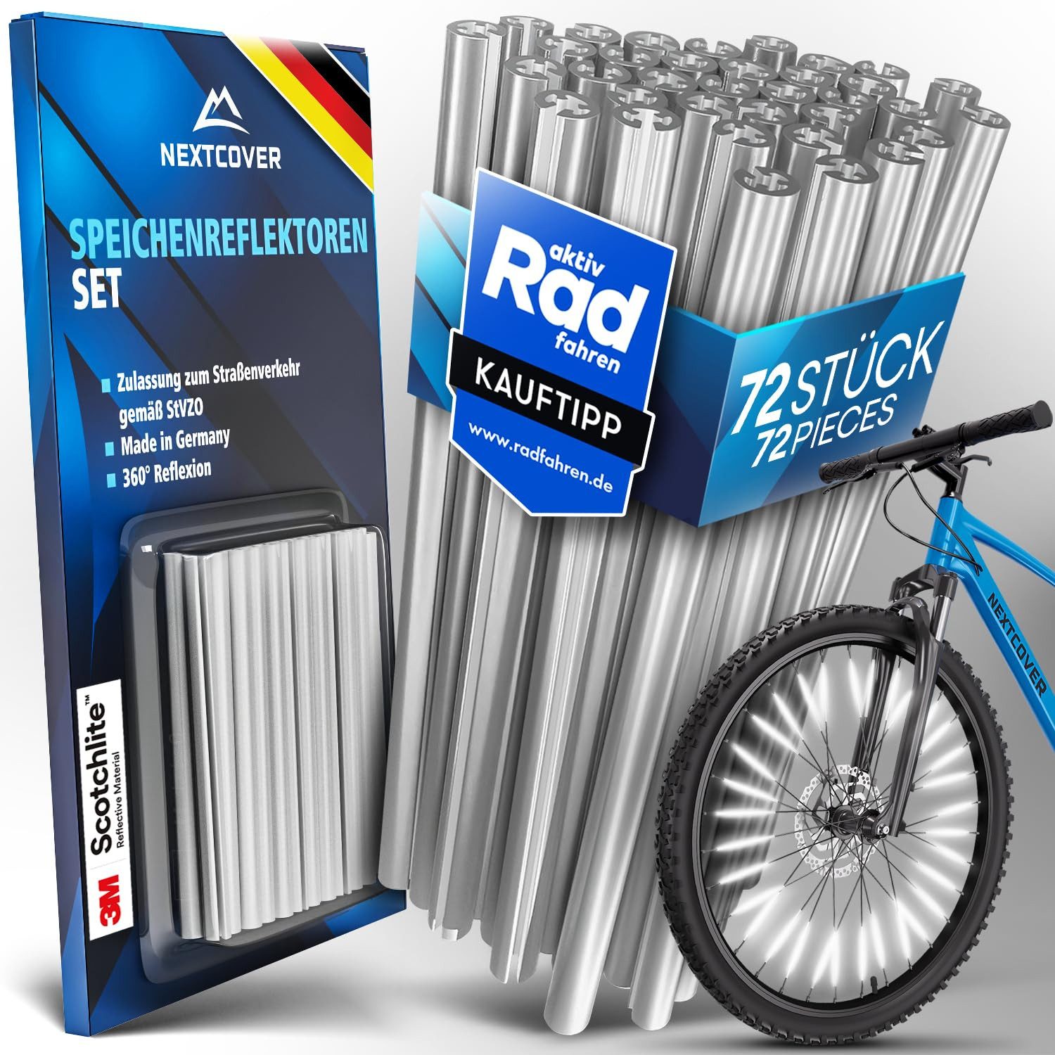 Nextcover Fahrradreflektor Speichenreflektoren mit 3M Scotchlite, silber, zum Aufclipsen, (72 St)