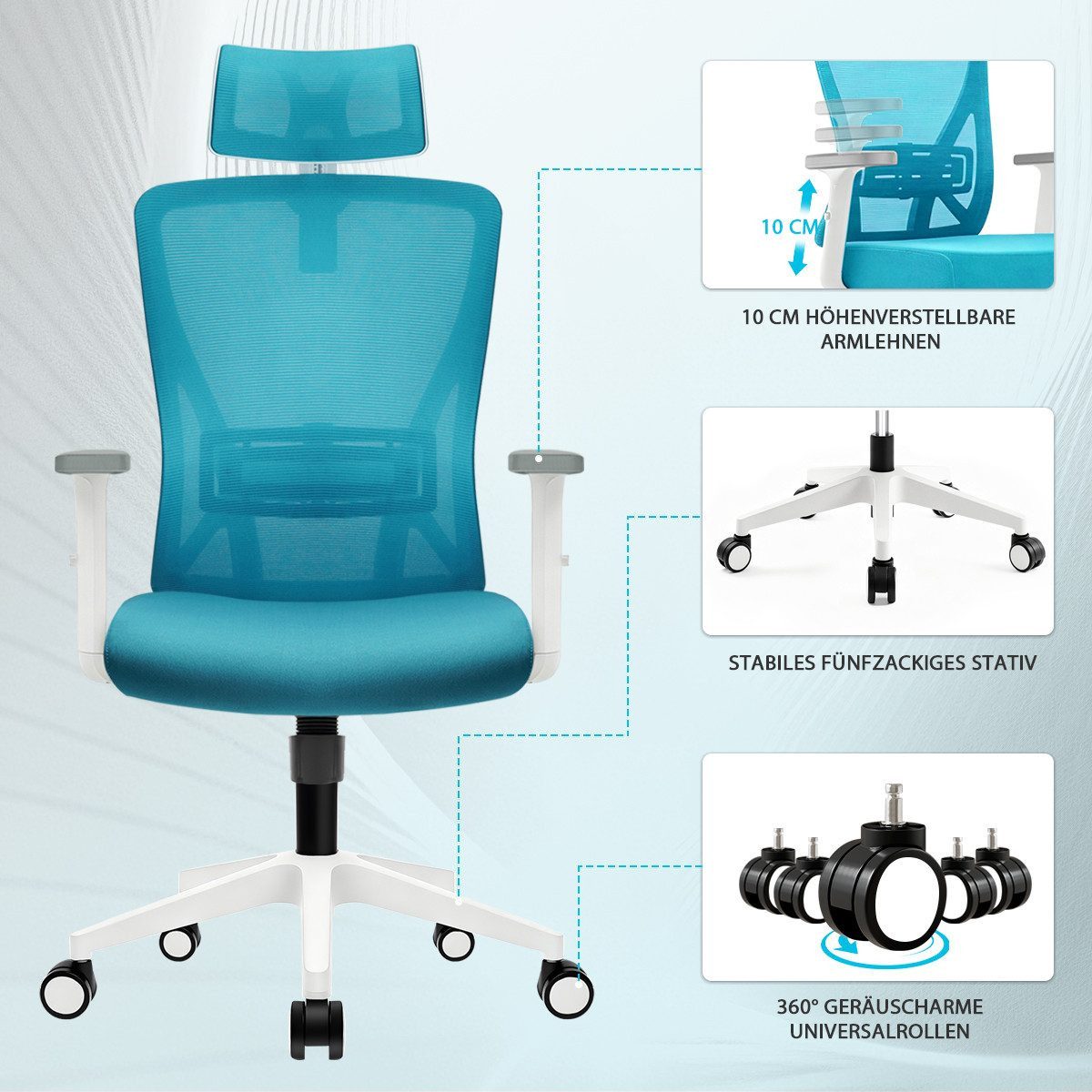 Durrafy Bürostuhl 200kg Ergonomischer Bürostuhl-Verstellbare Lordosenstütze (Verstellbare Lendenwirbelstutze + Kopfstutze + hohenverstelbare Armlehnen),bis zu 1 – Bild 3 von 5