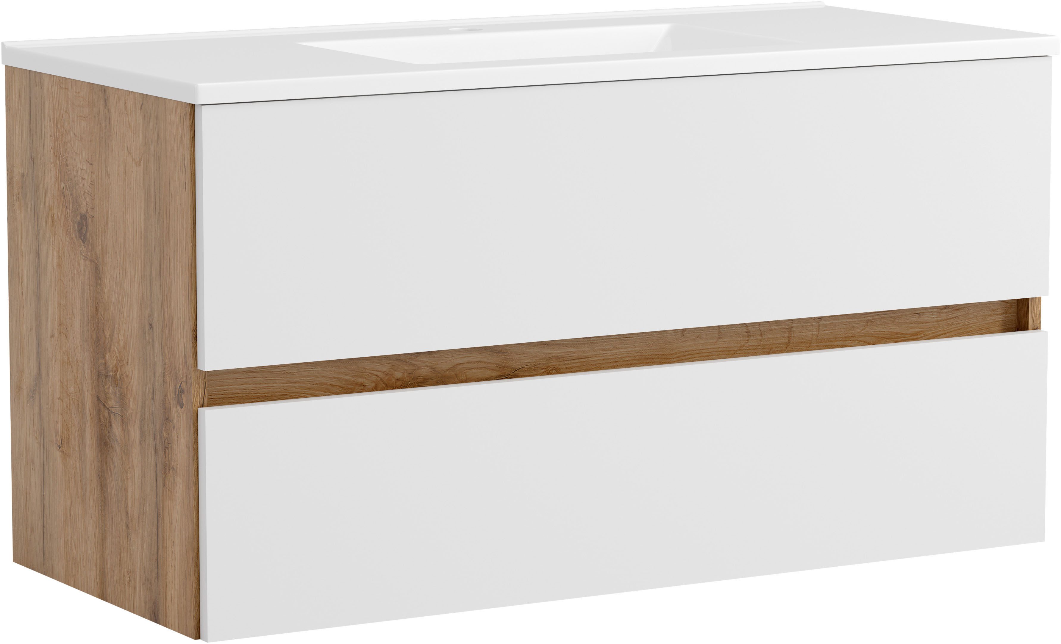 OTTO home Waschtisch BOZEN, 2 Auszüge inklusive Becken und Montagematerial (Badezimmerschrank, grifflos, einfache Montage, Bad-Einrichtung), Maße (B/H/T): ca. 100/52/45 cm, Badmöbel, Waschtisch, Stauraum, modern