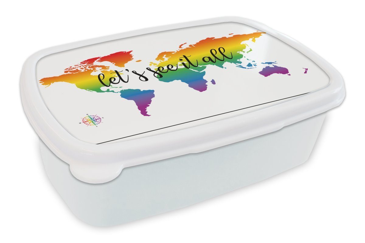 MuchoWow Lunchbox Weltkarte - Regenbogen - Kompass, Kunststoff, (2-tlg), Brotbox für Kinder und Erwachsene, Brotdose, für Jungs und Mädchen weiß