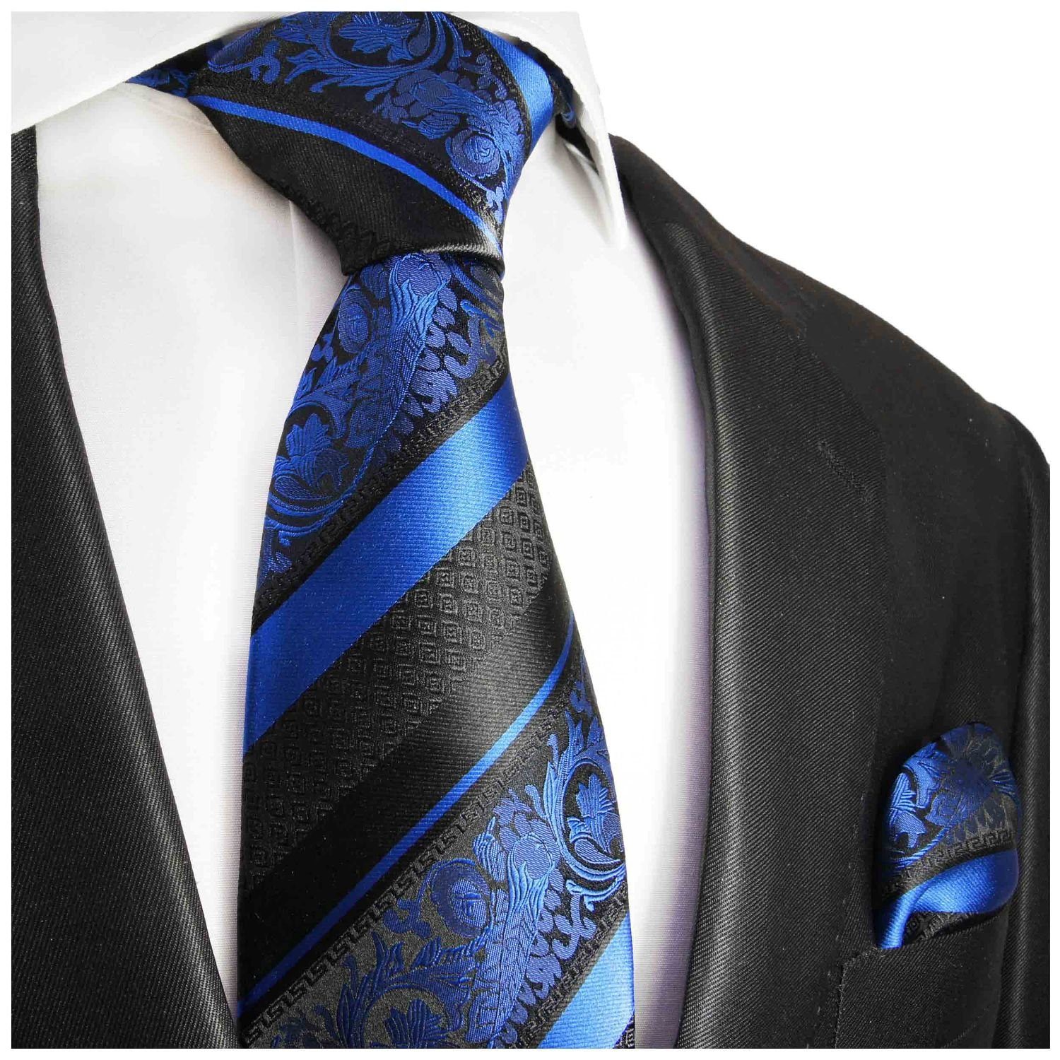 Paul Malone Krawatte Herren Seidenkrawatte Schlips mit Tuch barock gestreift 100% Seide (Set, 2-St., Krawatte mit Einstecktuch) Schmal (6cm), blau schwarz 496