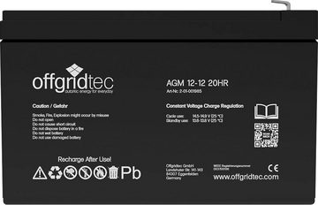 offgridtec AGM-Batterie 12V/12Ah 20HR Akku (12 V), Solar Batterie Akku Extrem zyklenfest