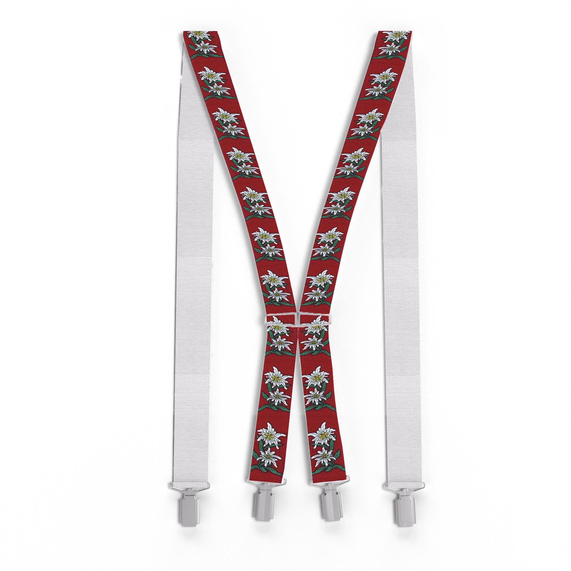 ZUKUNFTSENKEL Подтяжки Подтяжки Edelweiß 4 Clips 3,5cm Breite (Edelweiss Muster, X-Form) Rutschfest, Elastisch