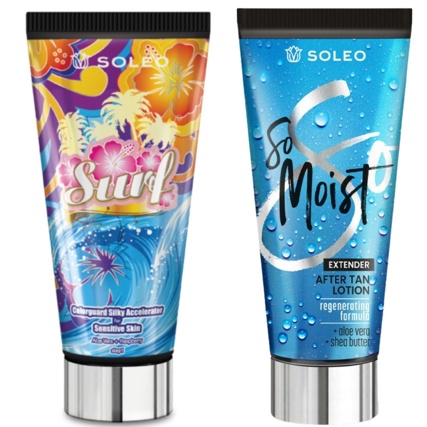 Soleo Selbstbräunungslotion Soleo Surf Bräunungsbeschleuniger mit So Moist After-Sun, Körperpflegeset, 2-tlg., Für empfindliche Haut bei der Anwendung im Solarium