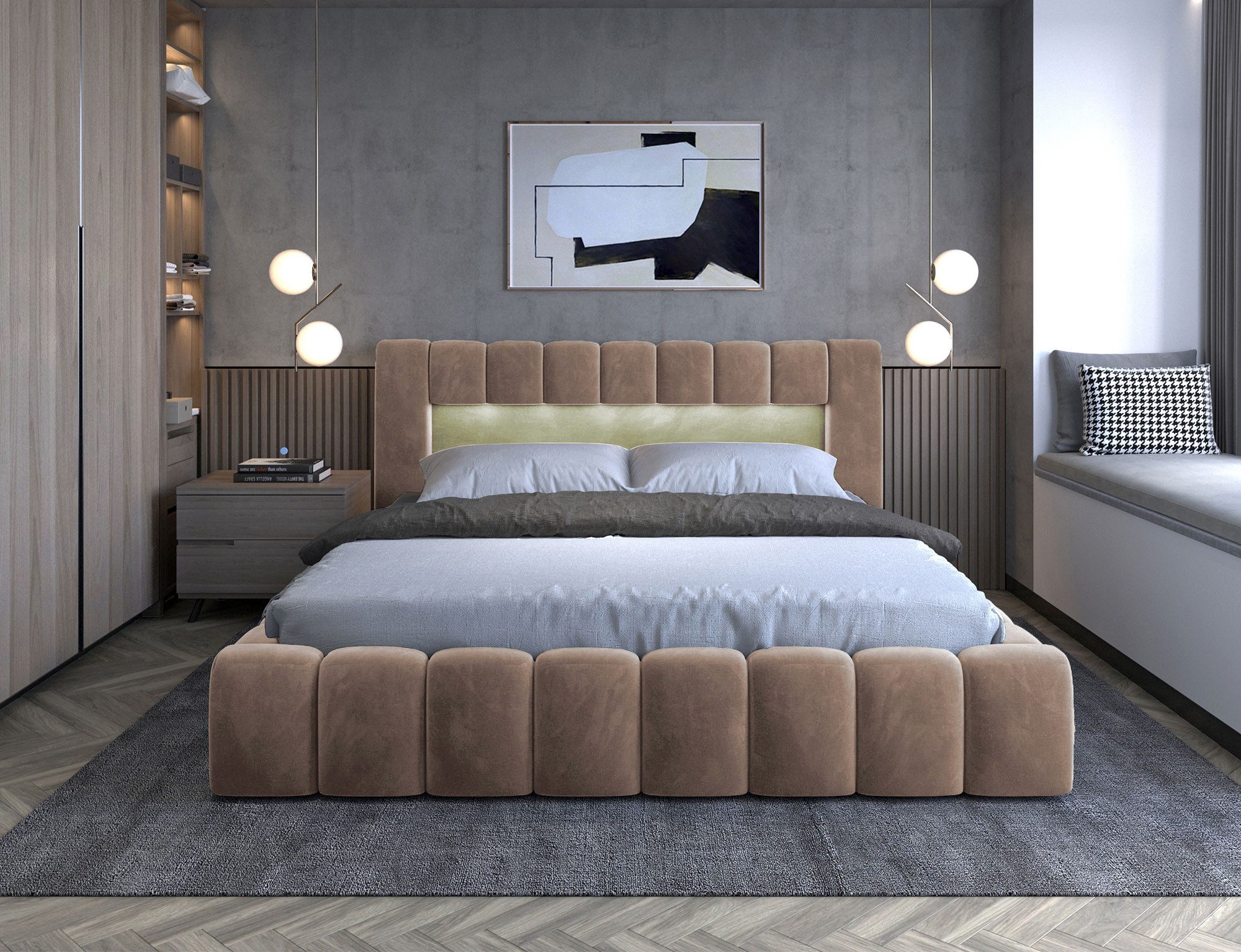 yourhouse24 Polsterbett Lamica Holzrahmen mit LED (Bettgestell mit LED und Lattenrost), Stoffbezug, Ziernähte, modernes Design