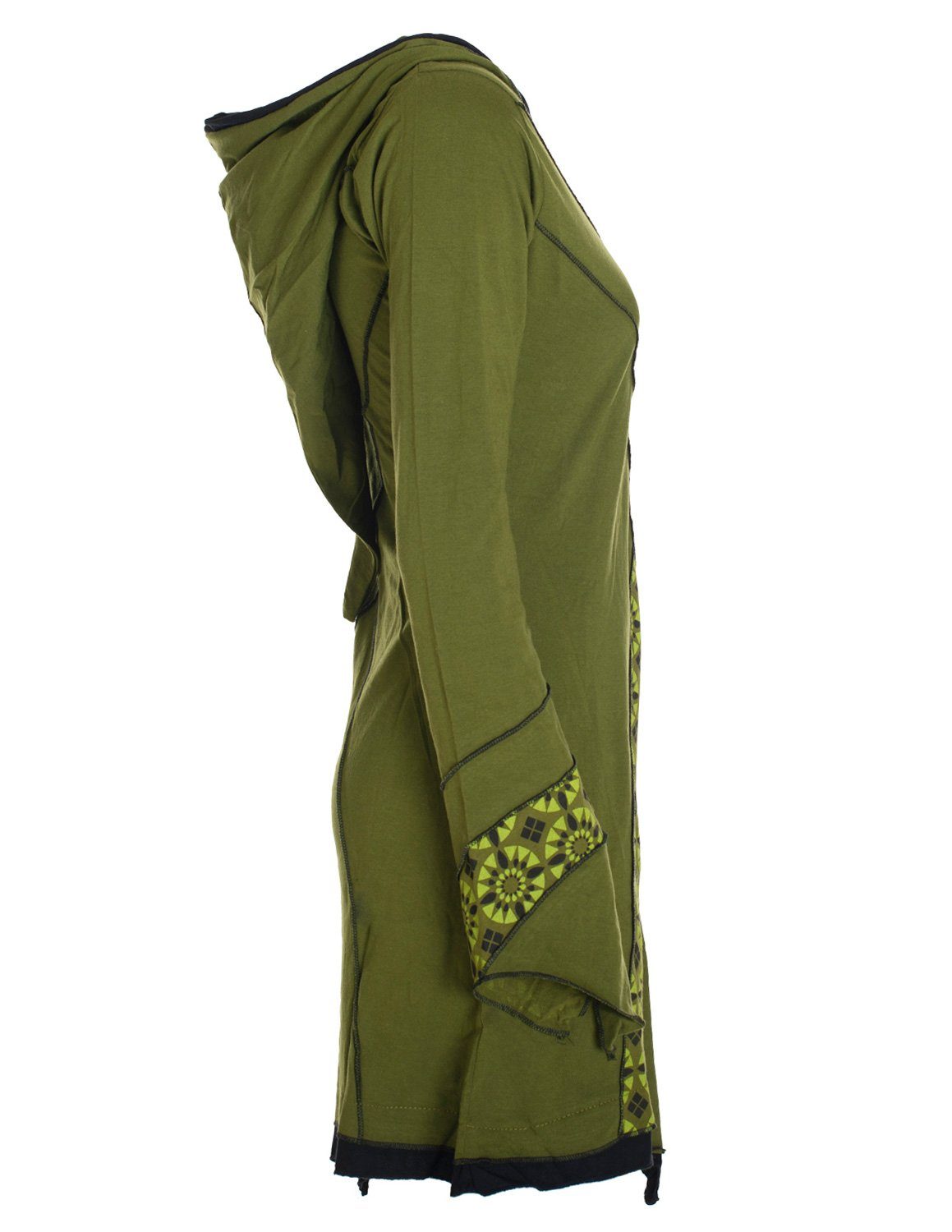 Vishes Zipfelkleid Langarm Damen Elfentunika Zipfelige Style Elfen Hippie, Goa olive Zipfelkleid Bedruckt Boho