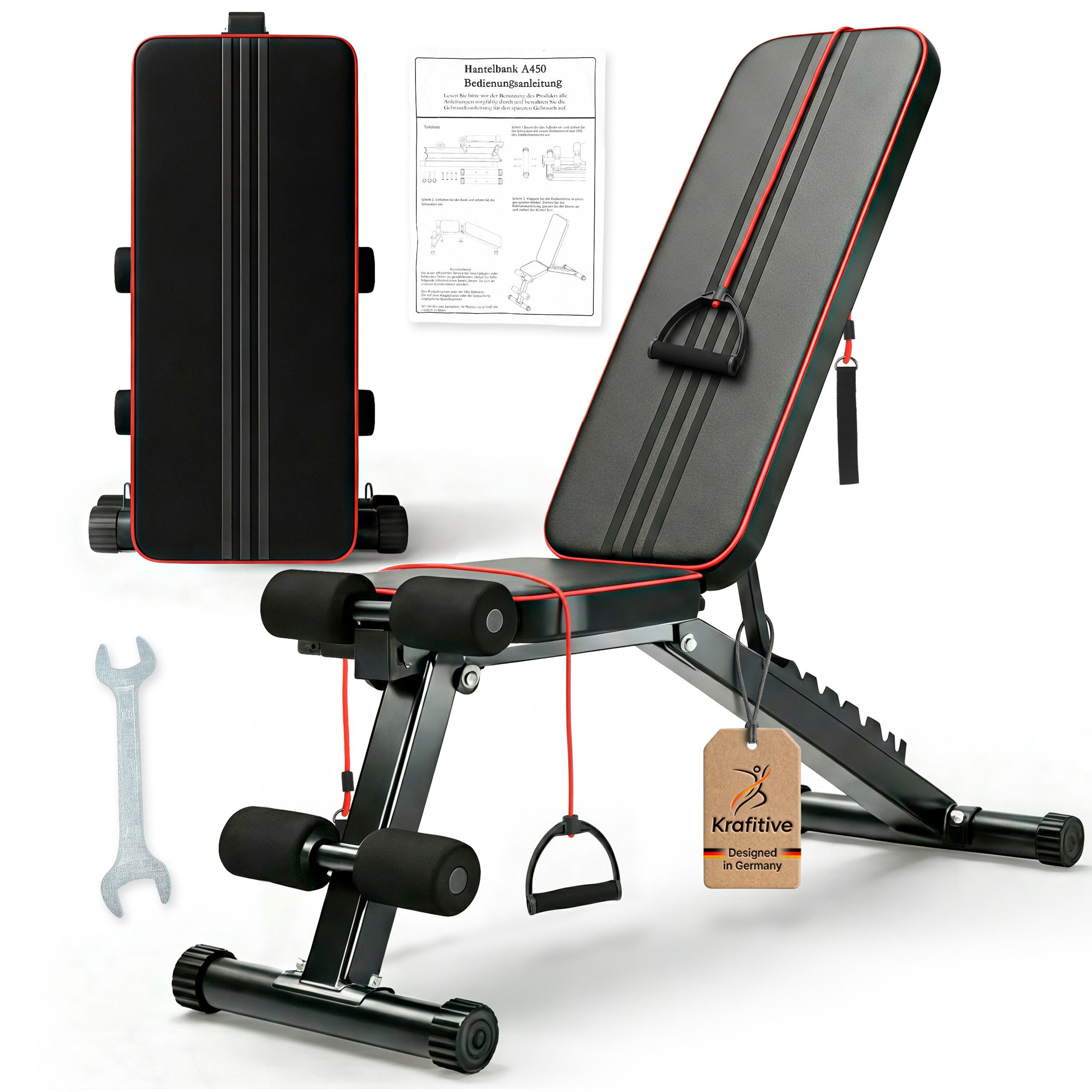 Krafitive Hantelbank klappbare Trainingsbank, Schrägbank & Flachbank für Körpertraining, 7-fach verstellbar, 200kg Tragkraft & 1,2mm Stahl – Inkl. 2 Zugseilen