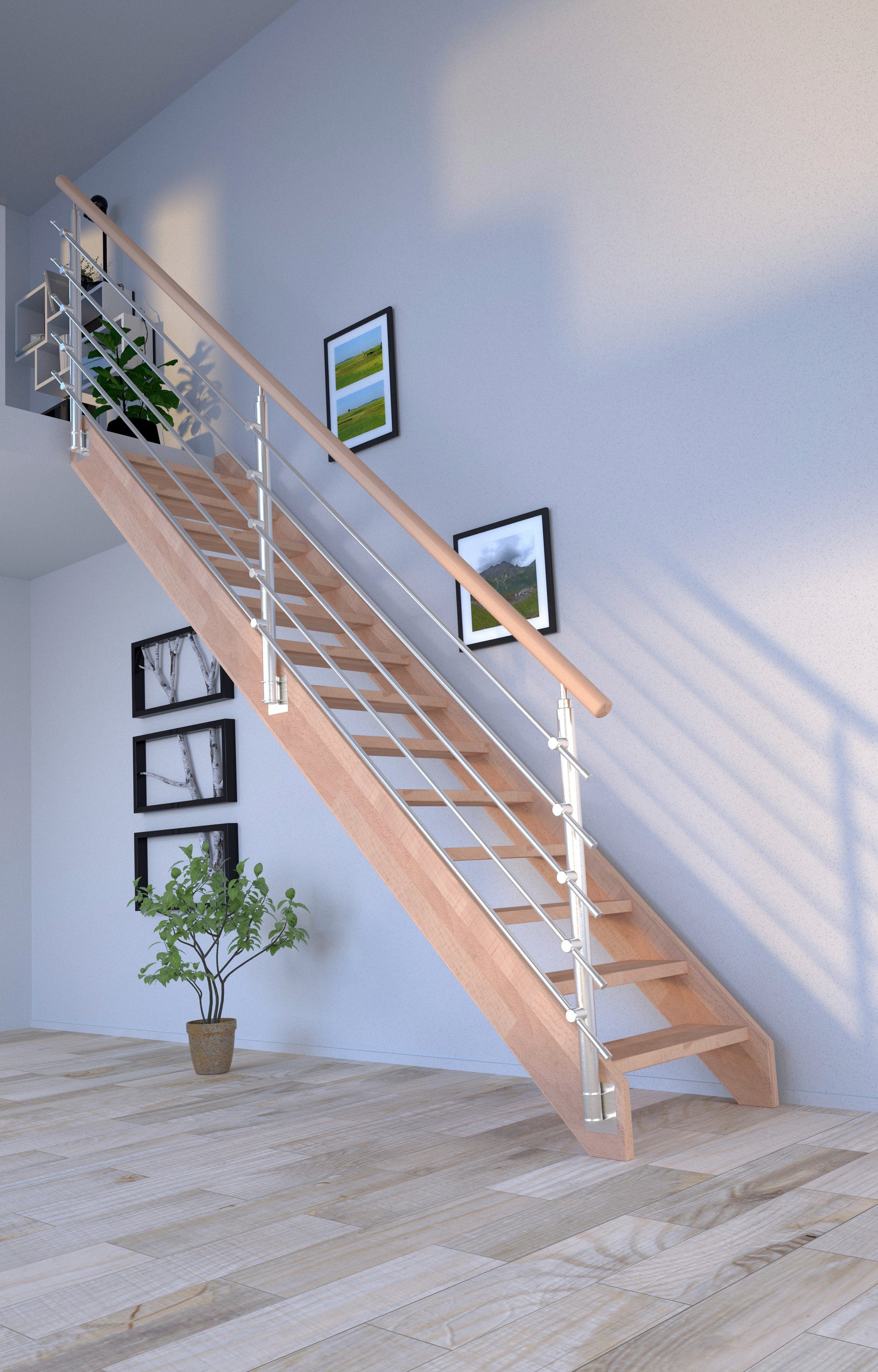 Starwood Systemtreppe Massivholz Mykonos,Design-Geländer Edelstahl, für Geschosshöhen bis 280 cm, Stufen offen, Durchgehende Wangenteile