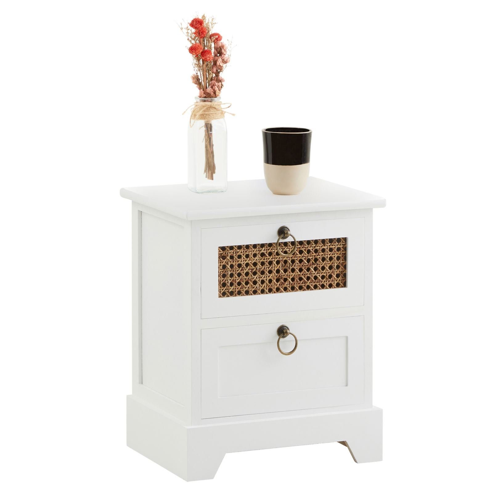 CARO-Möbel Nachtkommode PADMA, Nachtkommode mit 2 Schubladen mit Wiener Geflecht Holz Weiß