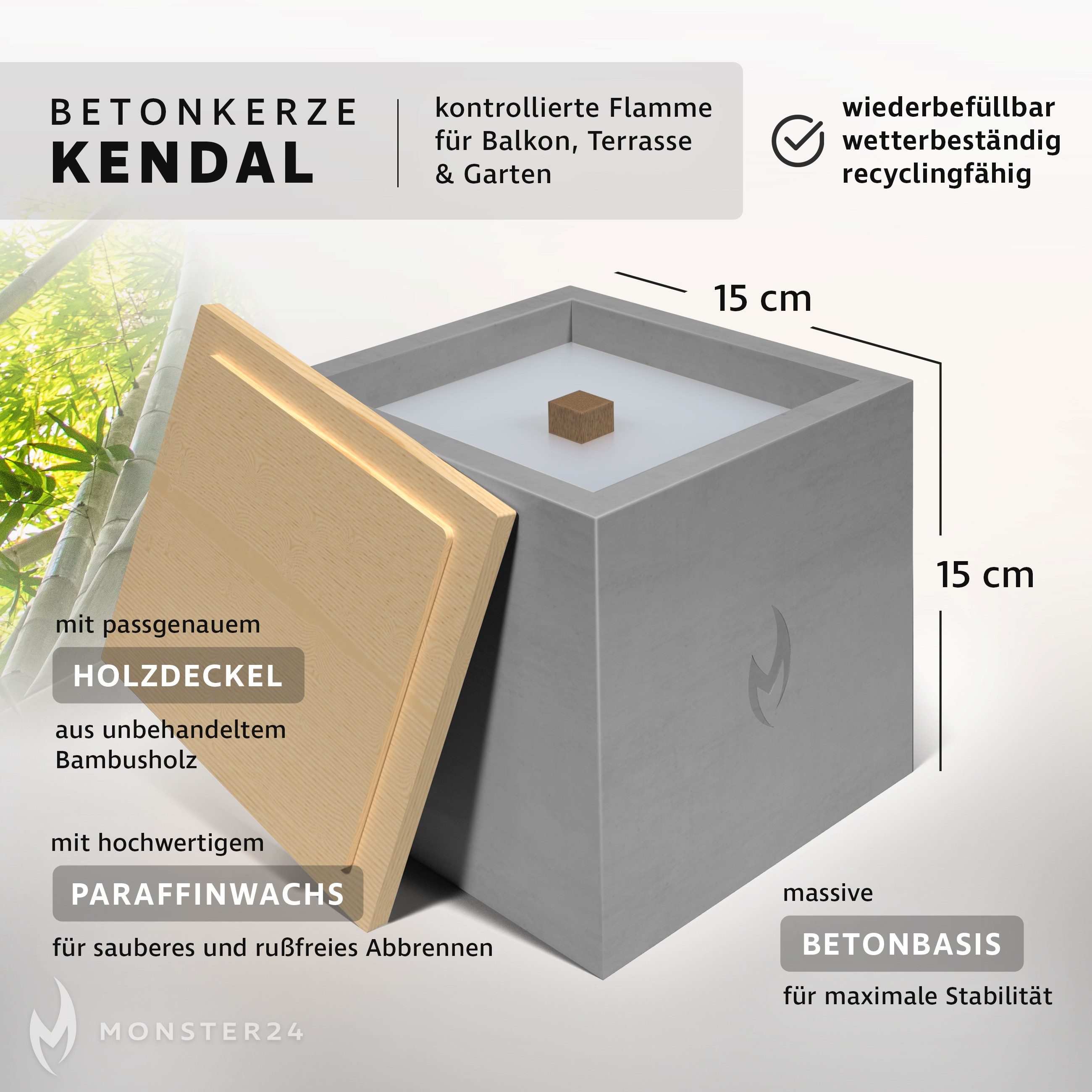 Monster24 Outdoorkerze Betonkerze 15x15x15 cm mit Dauerdocht wiederbefüllbar