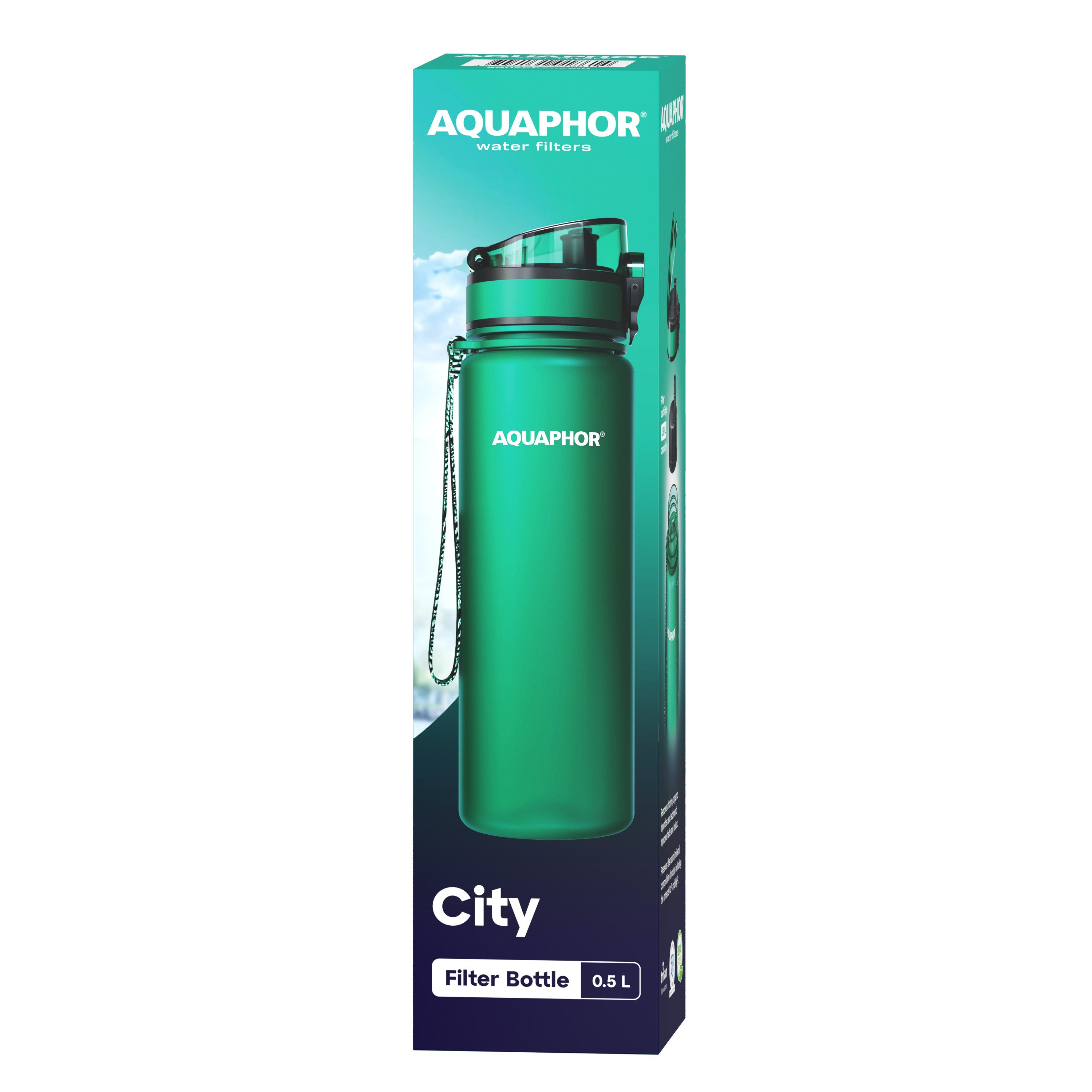 AQUAPHOR Trinkflasche CITY Aquaphor Flasche mit Wasserfilter für unterwegs, 500ml., Filter mit Aktivkohle I Aus Tritan & BPA-frei I dunkelgrün