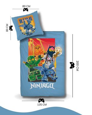 Bettwäsche Lego Ninjago Drache Riyu, 135x200 + 80x80 cm, 100 % Baumwolle, MTOnlinehandel, Renforcé, 2 teilig, Kinder-Bettwäsche für Ninja Fans, Lloyd, Sora & Arin