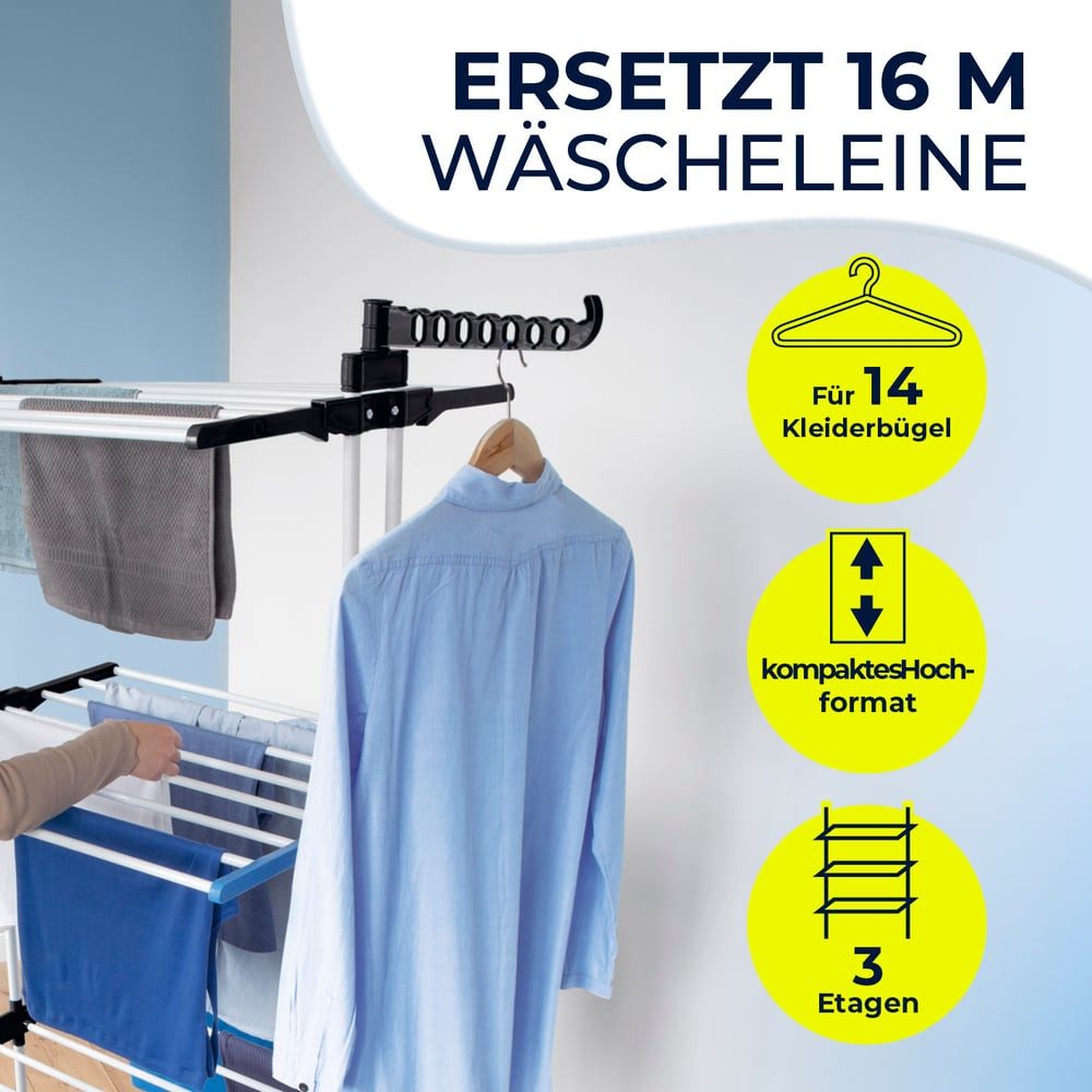 EASYmaxx Wäscheständer Wäscheständer mit Rollen & 3 Etagen - klappbar & mit Seitenflügeln, Turmwäscheständer für drinnen und draußen - für ca. 14 Kleiderbügel