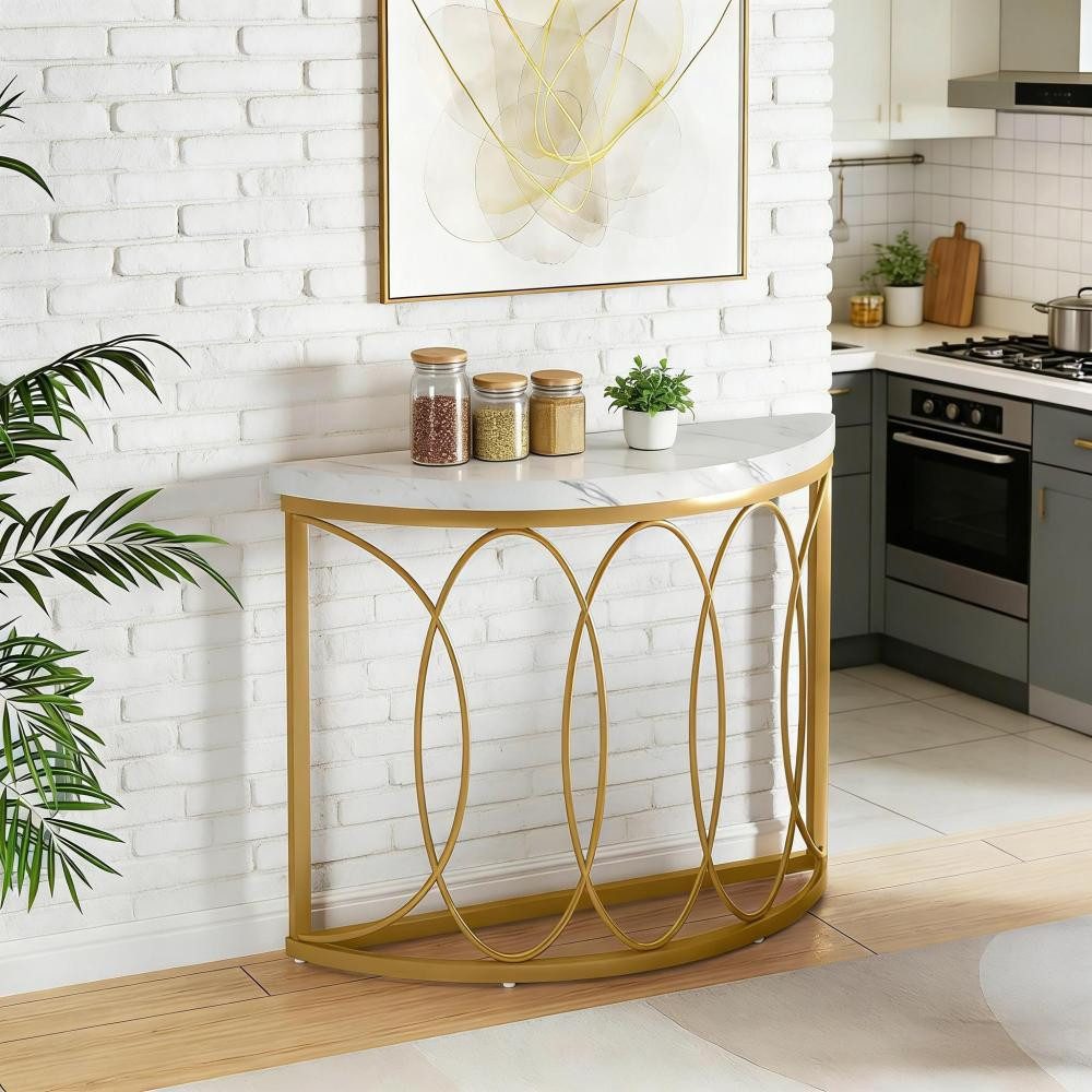 BBWL Konsolentisch moderner Eingangstisch aus Kunstmarmor und Metall, Goldener Konsolentisch mit Halbmond-Design für Flur Wohnzimmer