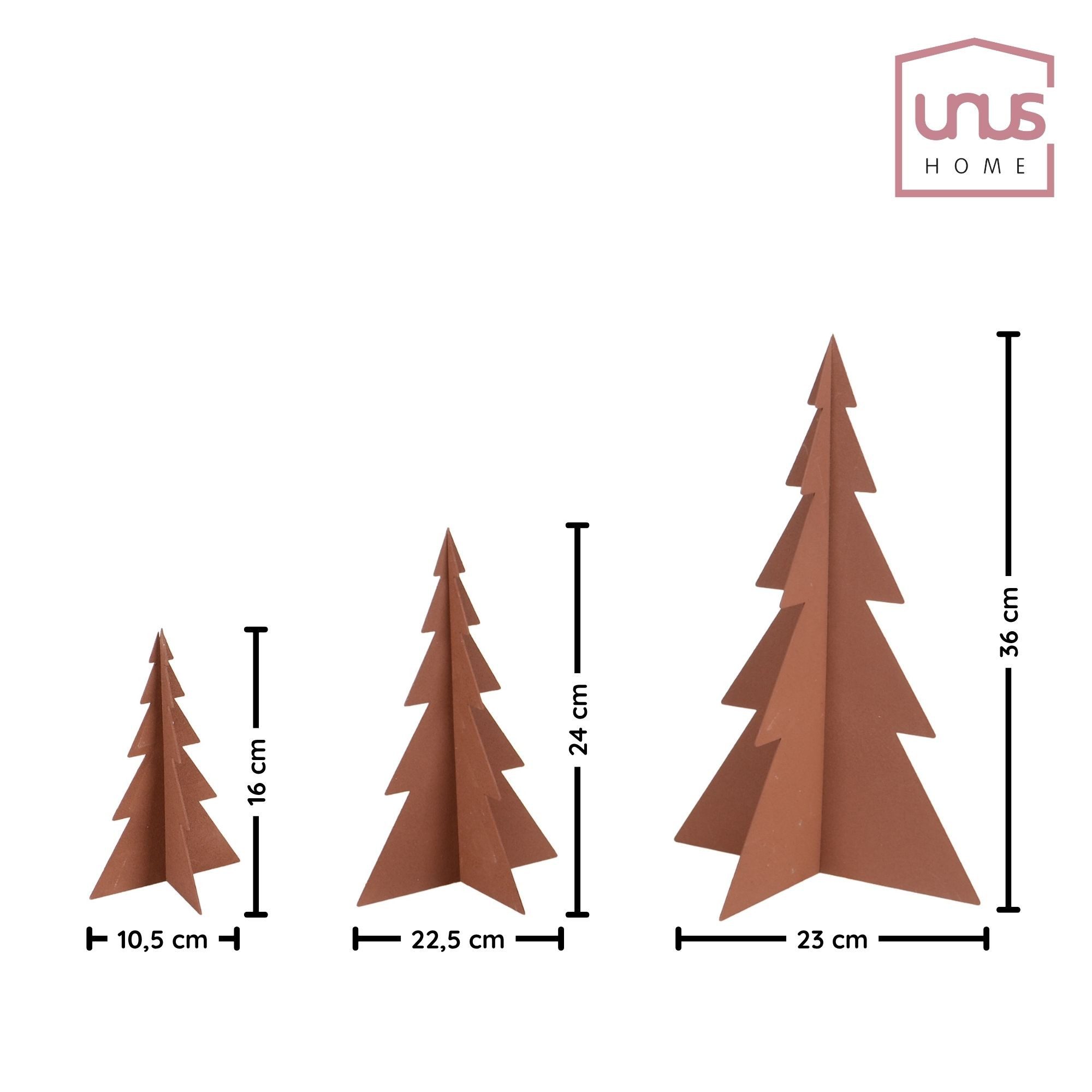 UNUS HOME Dekobaum Auftsteller Bäume als 3er Set in Rostoptik (3er Set), Weihnachtsdeko rost, Adventsdeko, Winterdeko – Bild 5 von 5