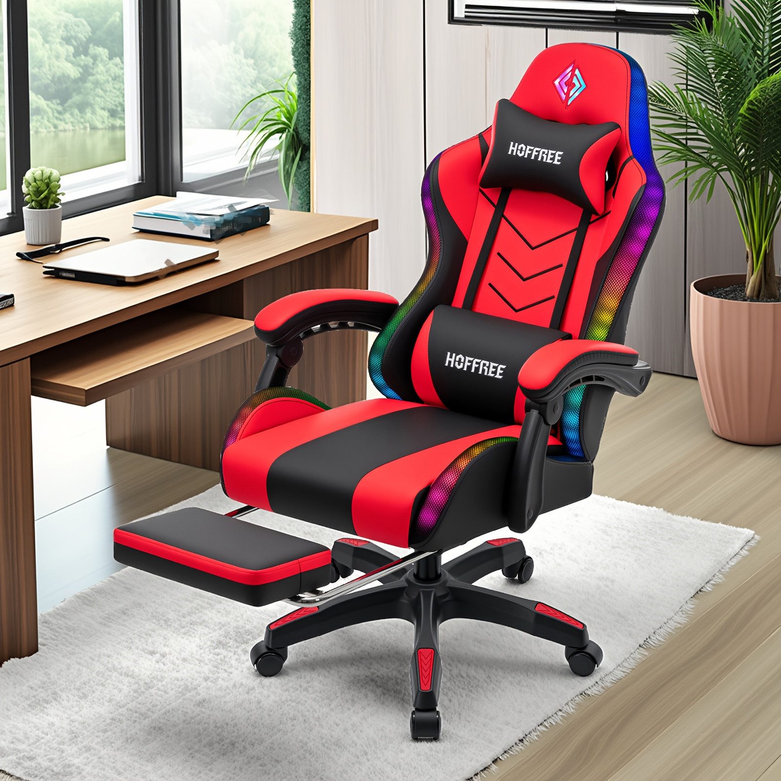 Insma Gaming-Stuhl ergonomischer Computerstuhl RGB LED Bluetooth Bürostuhl (mit Massagefunktion, Fußstütze & 180° Liegefunktion), maximale Belastbarkeit 180kg