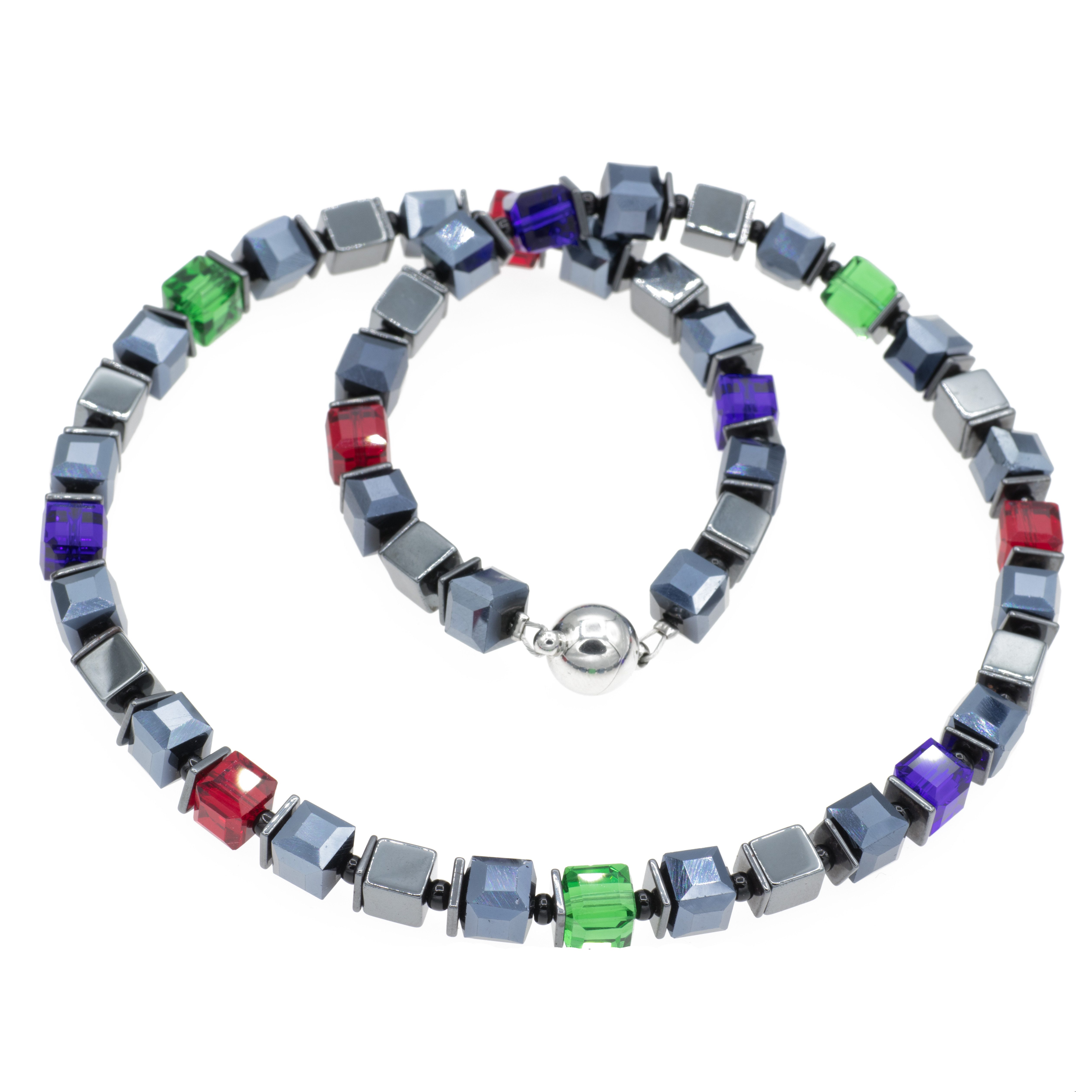 Perlenkette Glaswürfel Kette mit Hämatit schwarz bunt