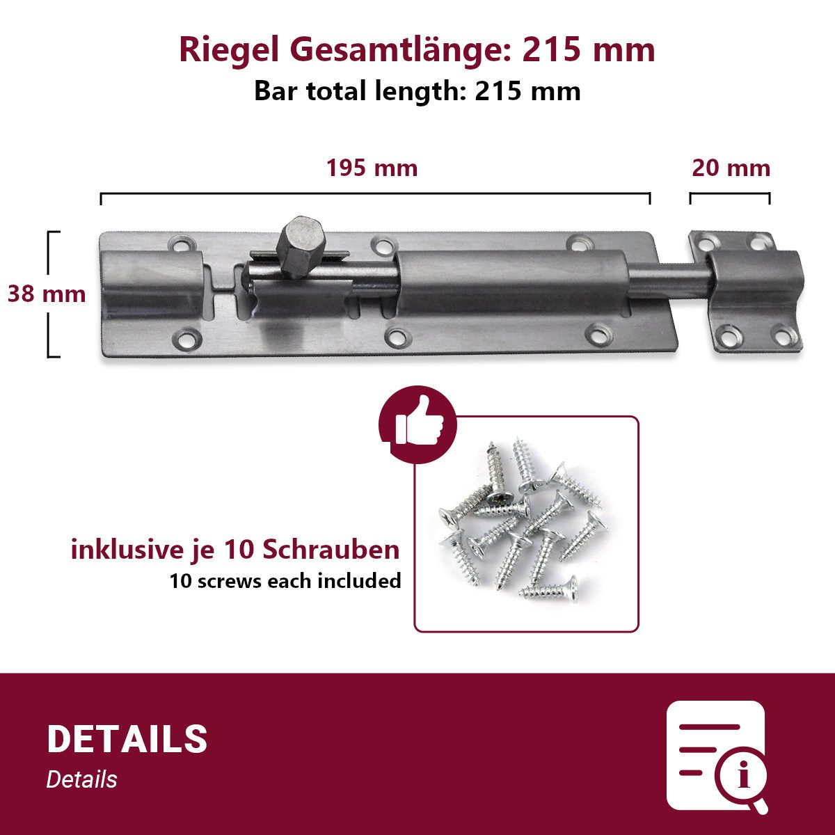 HOOZ Türriegel aus Edelstahl, Riegelschloss für Sicherheit an Türen und Tore, Din Rechts und Din Links, (Set, Türsicherheitskette), mit bequemen Schiebemechanismus