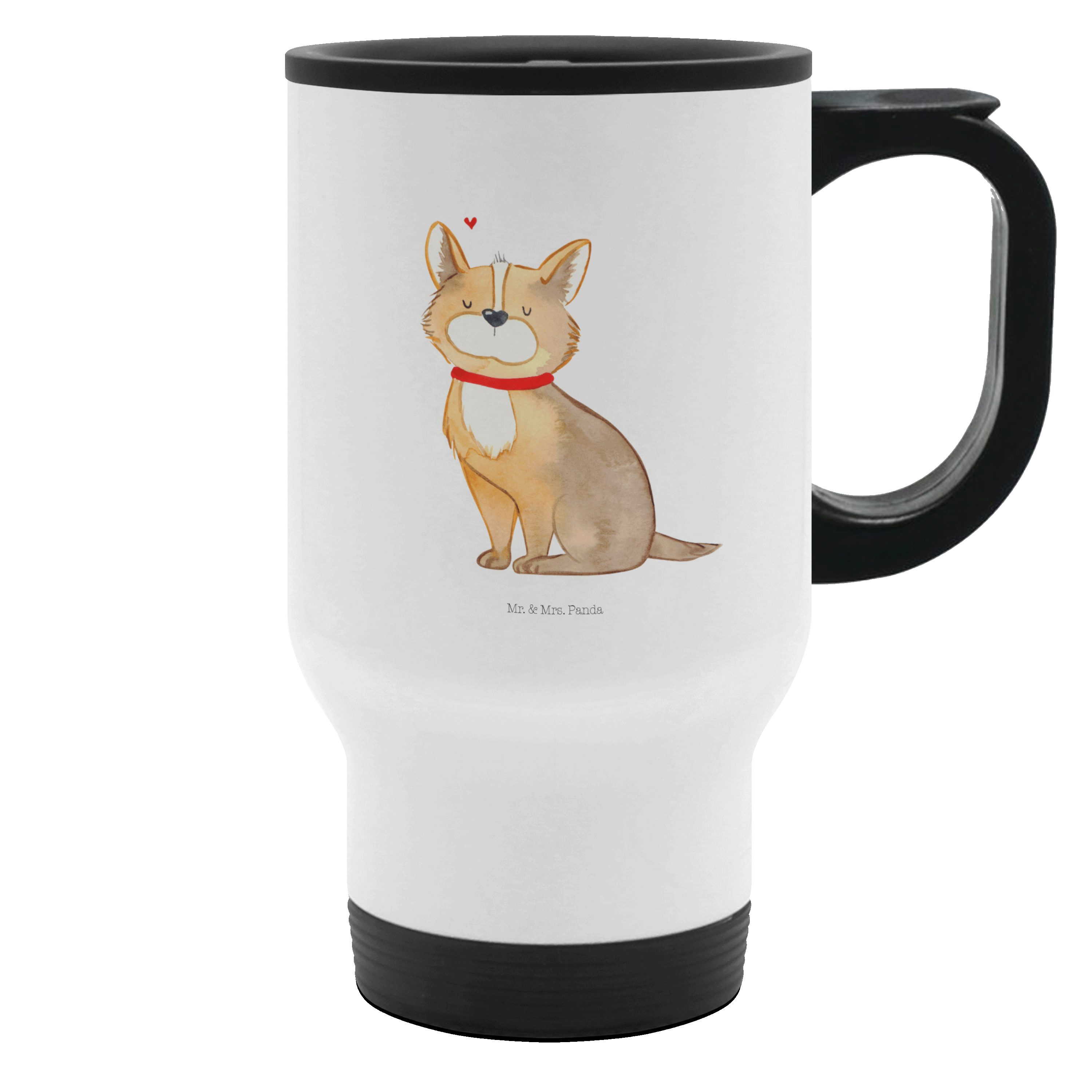Mr. & Mrs. Panda Thermobecher Hund Glück, thermosbecher, Weiß, Mehrwegbecher, Corgie, thermosbecher, Edelstahl, Thermobecher Edelstahl Spruch Isolierbecher