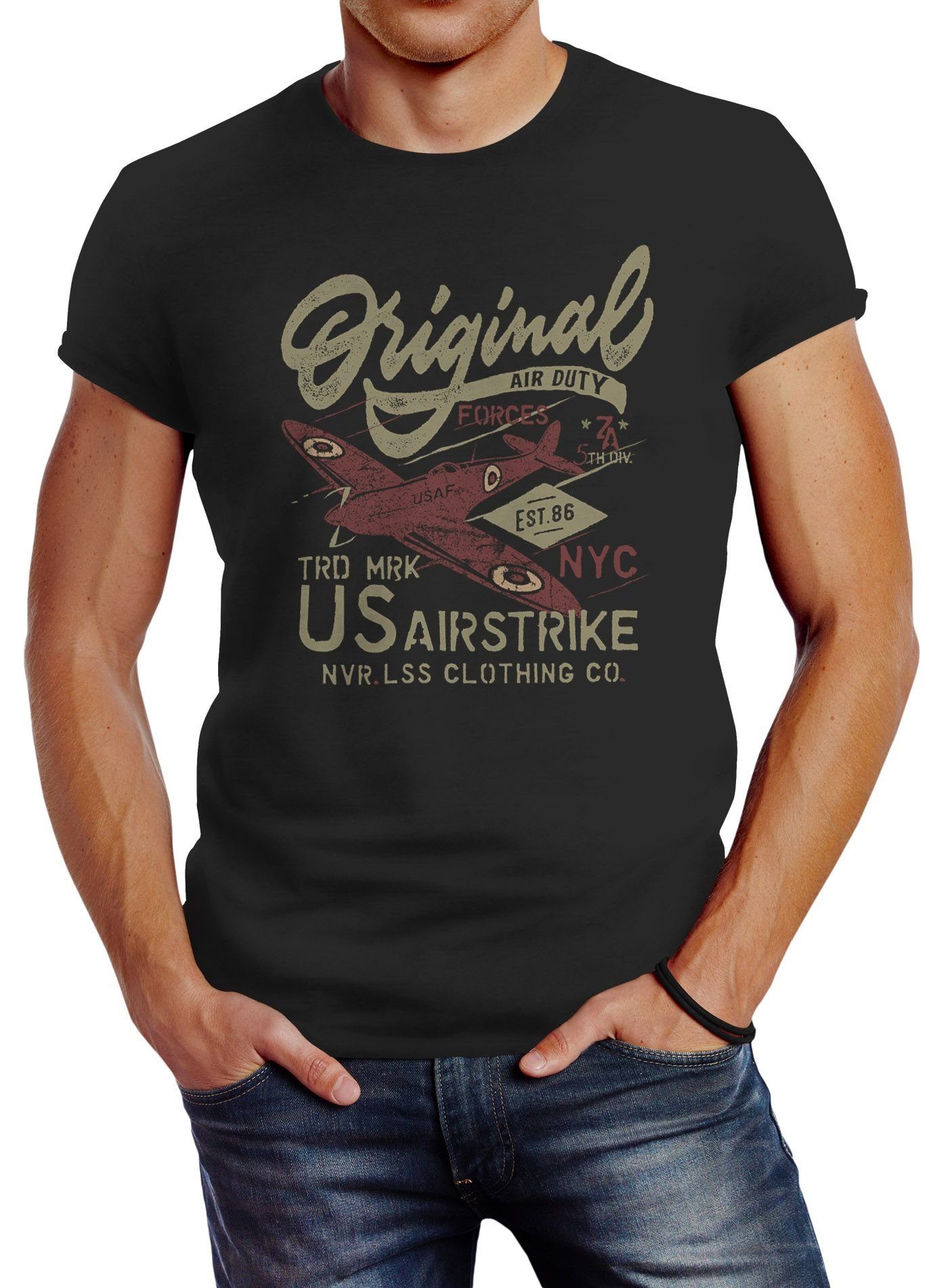 Herren Motiv T-Shirt schwarz Neverless Fashion Streetstyle mit US Airforce Neverless® Retro Vintage Schriftzug Spitfire Print Flugzeug Army Motiv Print-Shirt