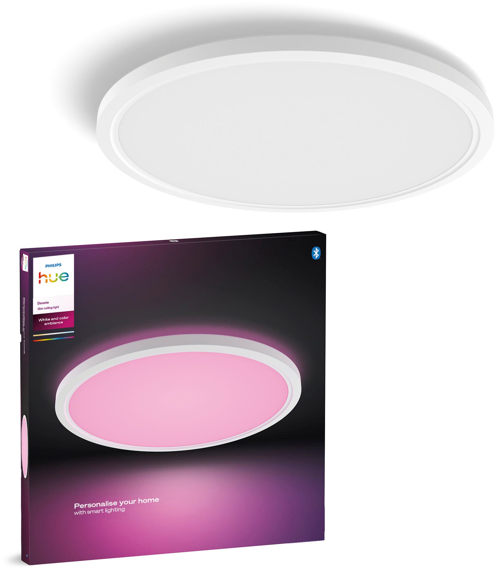 Philips Hue LED Panel White & Color Ambiance Devote Panelleuchte rund, 43 cm, Abschaltautomatik, Bluetooth, CCT - über Fernbedienung, Dimmfunktion, Farbsteuerung, Farbwechsel, Leuchtdauer einstellbar, Memoryfunktion, Nachtlichtfunktion, RGB, Smart Home, Timerfunktion, dimmbar über Fernbedienung, erweiterbar, mehrere Helligkeitsstufen, LED fest integriert, RGB