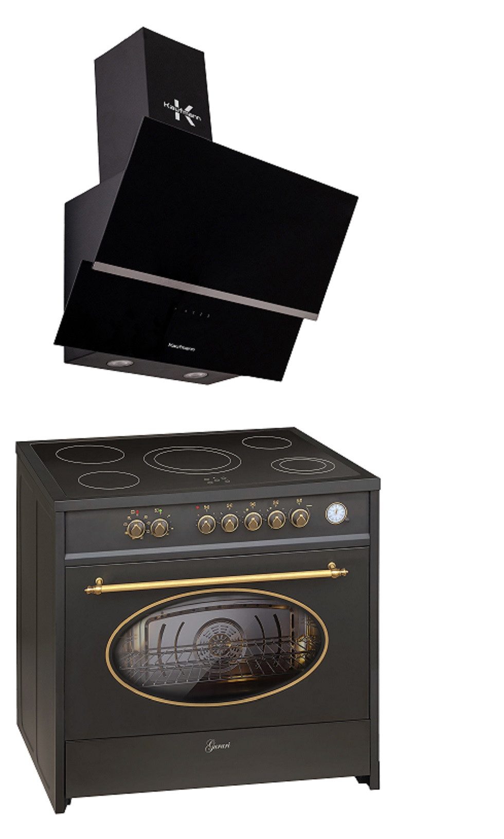 GURARI Elektro-Standherd Retro Glaskeramik Herd 90 cm in Schwarz Range Cooker XXL Backofen 121 L mit Kaufmann Dunstabzugshaube 1000 m³/h, 90 cm GCH E 912 Bl r+LUNA 90 BL, mit 1-fach-Teleskopauszug