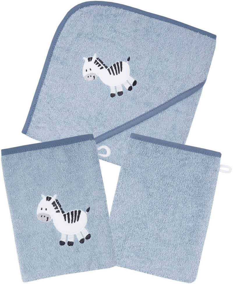 Wörner Handtuch Set Zebra blau Kapuzenbadetuch mit 2 Waschhandschuhen, Frottier (Spar-Set, 3-St), mit süßer Zebrastickerei