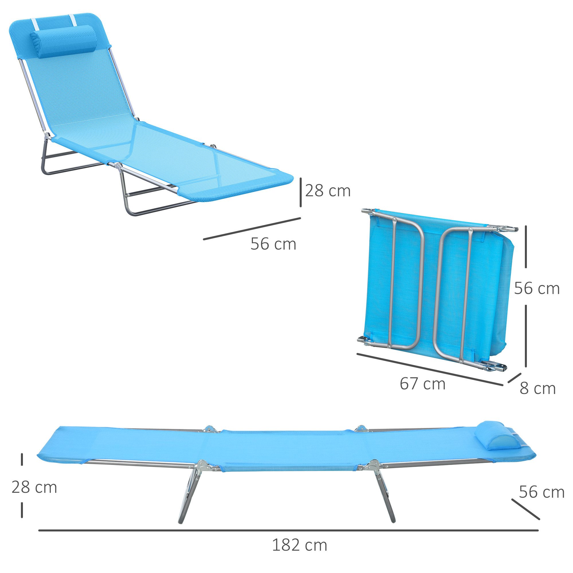Outsunny Gartenliege mit Kopfkissen, 5-Fach verstellbare Rückenlehne, Liegestuhl, 1 St., Sonnenliege, bis 120 kg belastbar, für Garten Urlaub Strand Blau