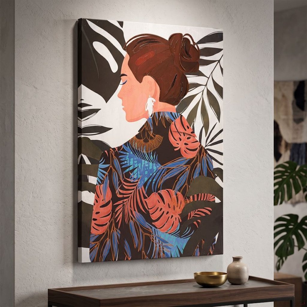 MF Leinwandbild Wandbild Lady Jungle Frau mit Blättermotiv 80 x 120 cm, (1 St)