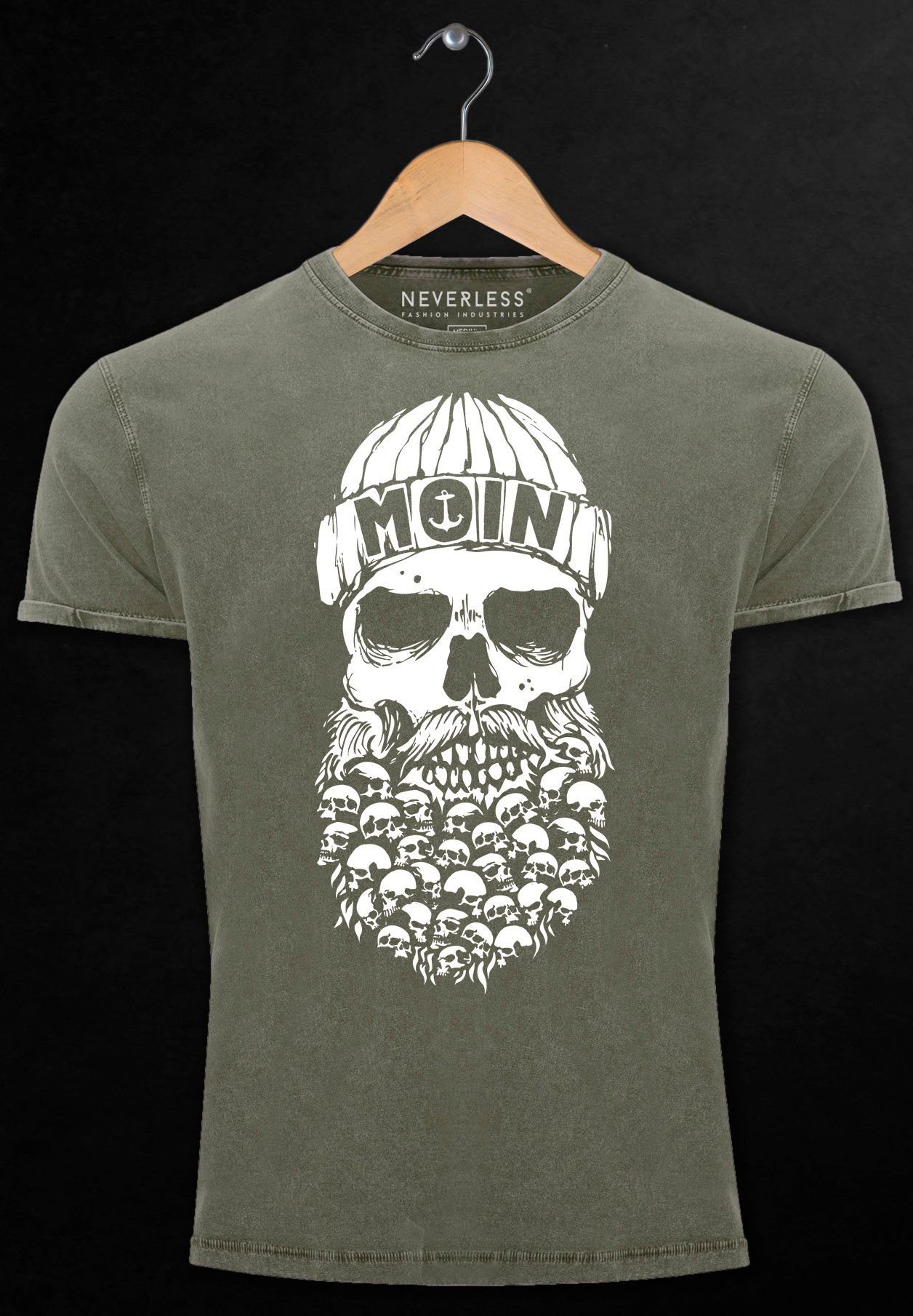 Nordisch Dialekt Totenkopf Vintage Herren Print Print-Shirt Ank oliv Shirt Neverless Moin Hamburg mit Skull