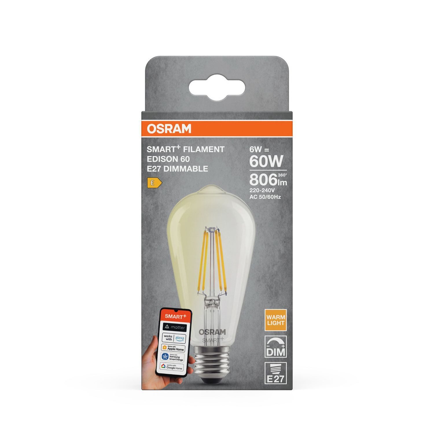 Licht-Erlebnisse LED-Leuchtmittel LAMP, E27, Warmweiß, Edison Lampe E27 Smart 2700 K 806 lm warmweiß dimmbar via App