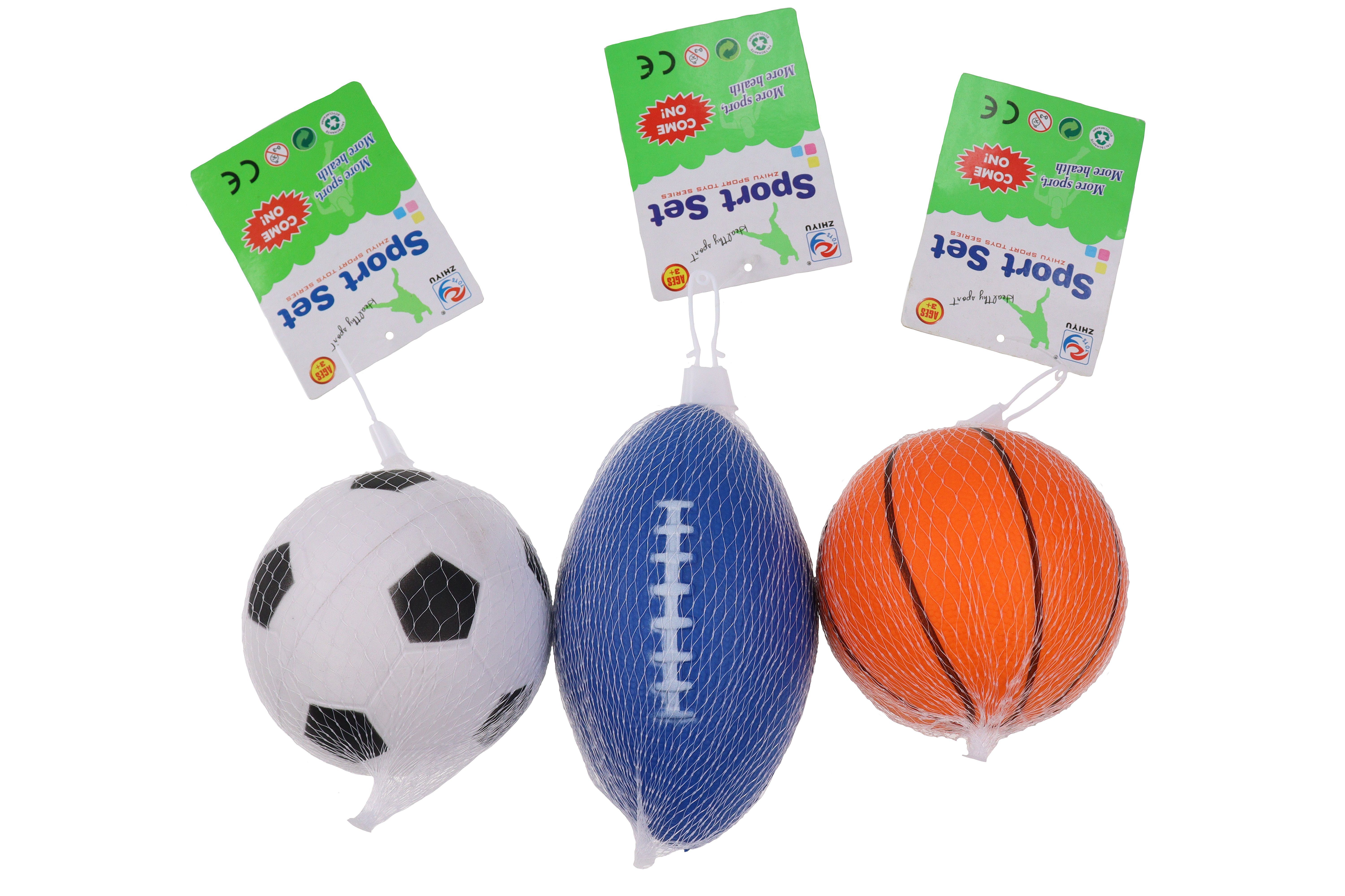 Softball aus Schaumstoff, Spielball 3er Stressabbau ELLUG Fußball Kinder Rugby Spielball Babyball Basketball ca.10cm Ø Set