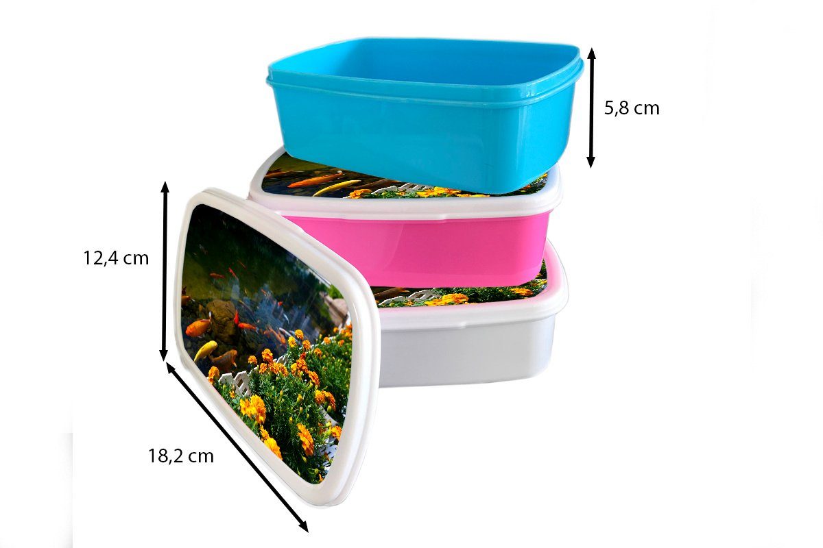 Brotbox und Erwachsene, Teich weiß Kinder Lunchbox Kunststoff, für Koi-Karpfen Brotdose, für einem Jungs Blumen, in und (2-tlg), Mädchen MuchoWow mit